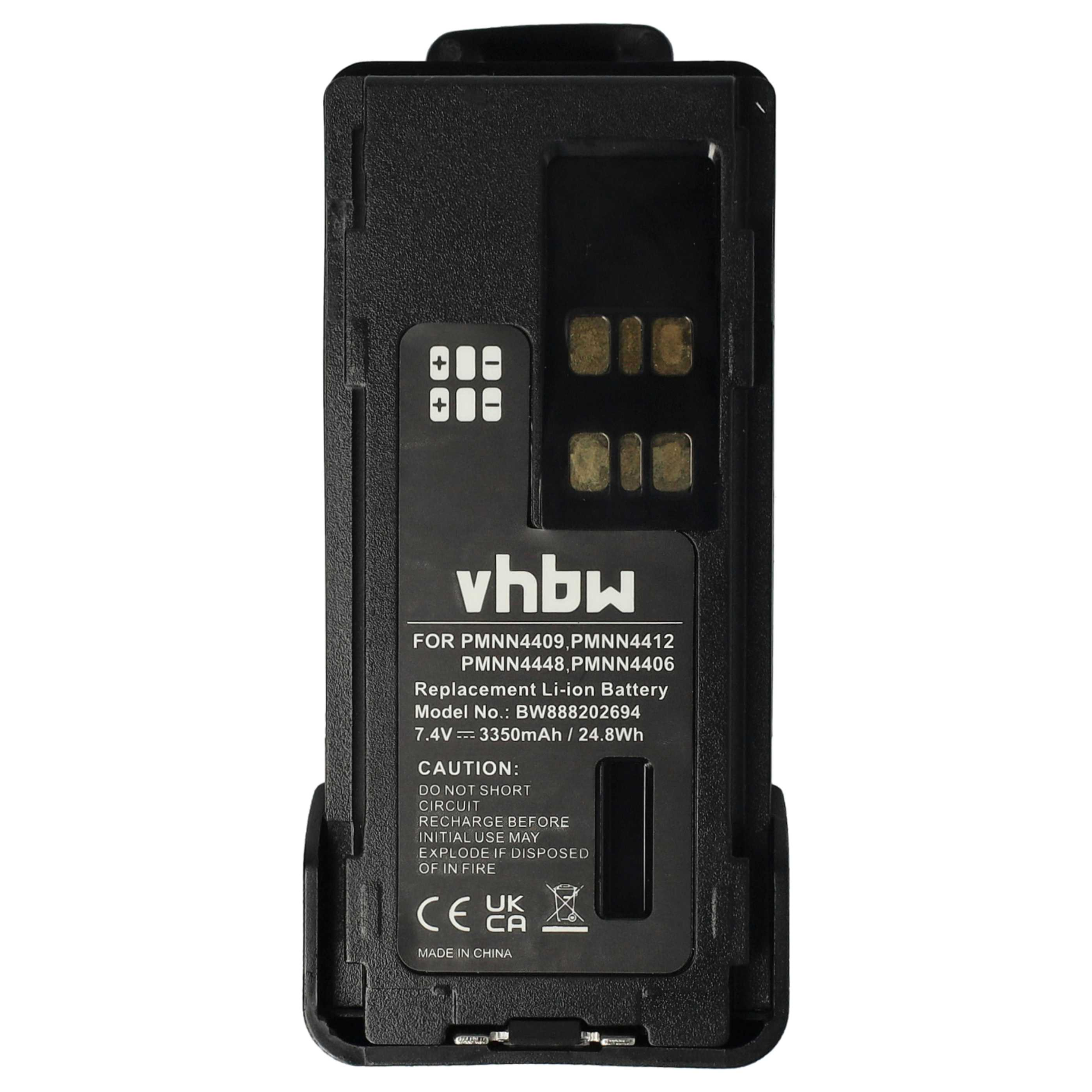 Schwarze vhbw-Batterie. Sie hat Plus- und Minus-Symbole sowie Text über Batterietyp und Modell.