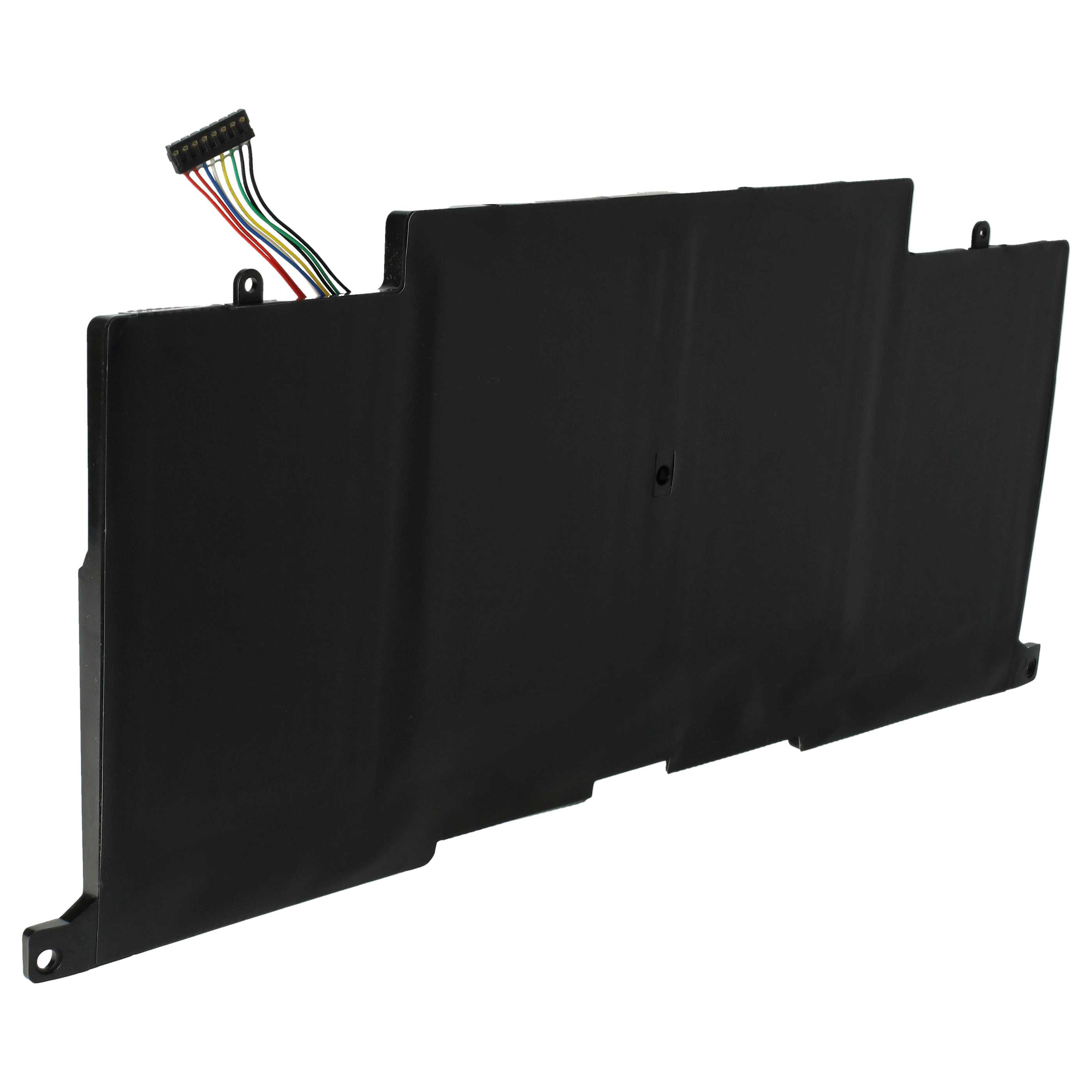 Schwarzer Laptop-Akku mit Stecker und bunten Kabeln auf weißem Hintergrund.
