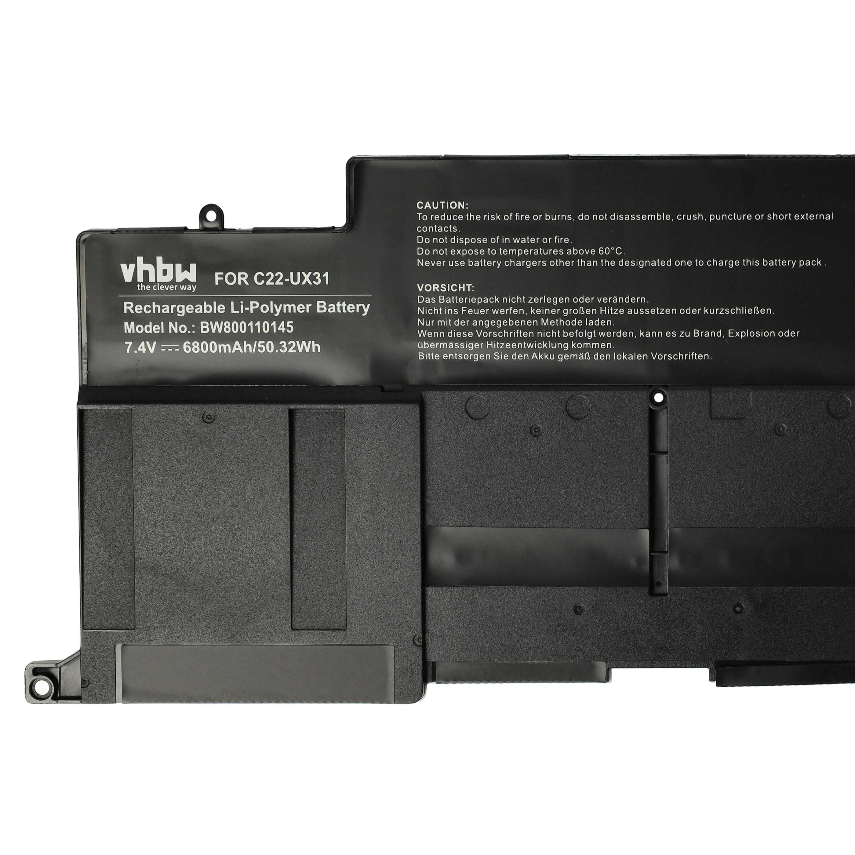 Schwarzes Batteriepack mit weißem Text. Es enthält Warnungen und Spezifikationen.