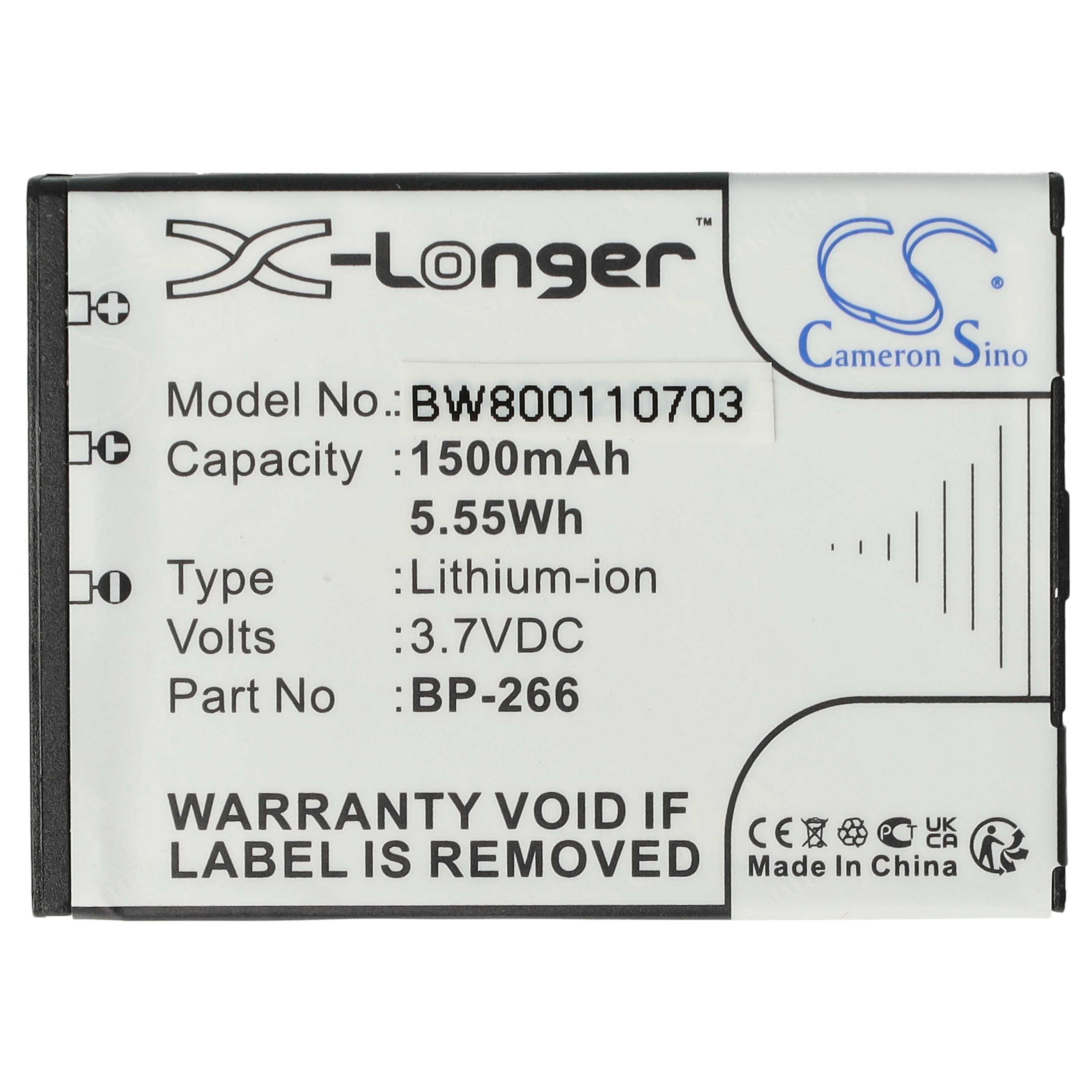 Batterieetikett mit Modellnummer, Kapazität, Typ und Spannung. Enthält die Logos X-Longer und Cameron Sino.