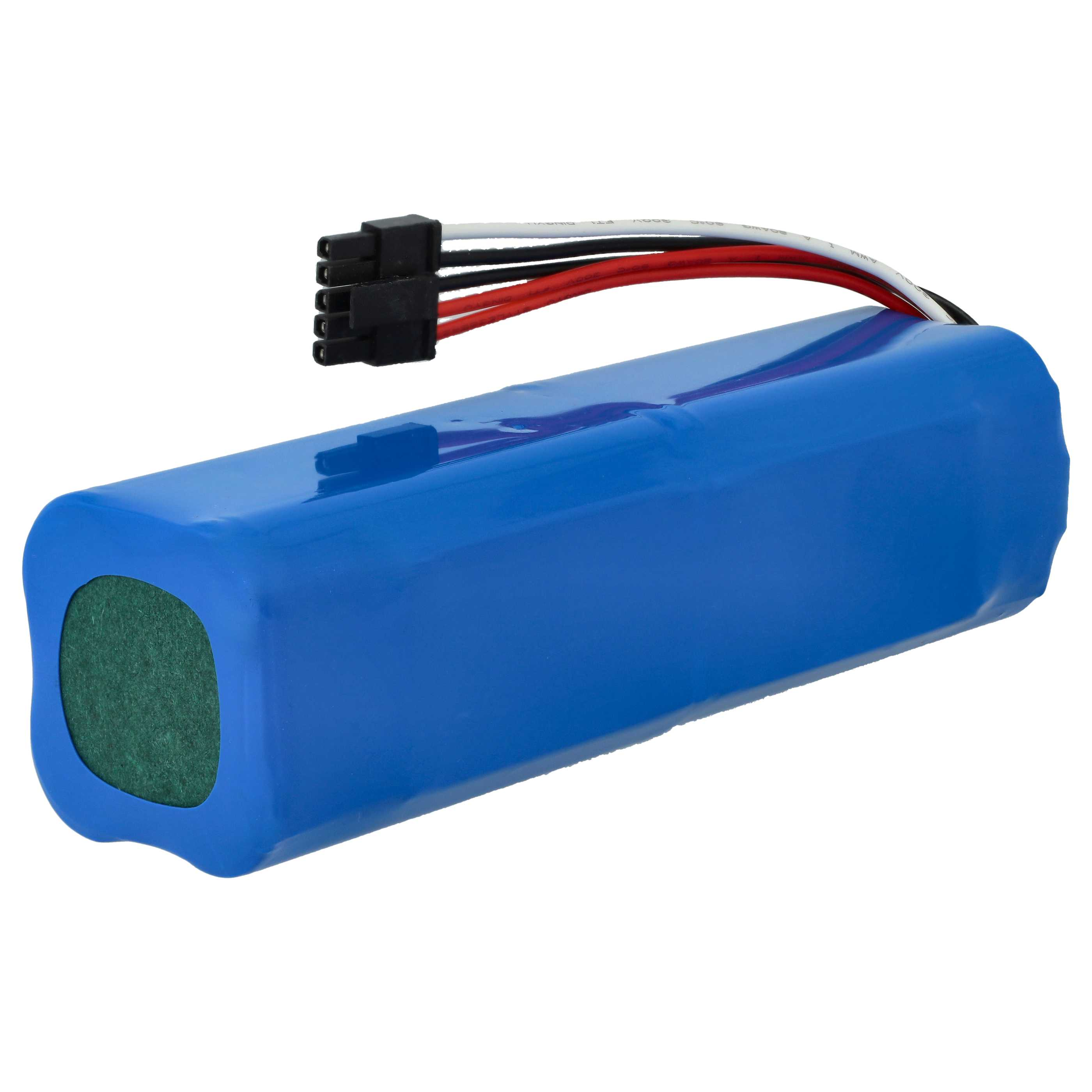 Ein blauer Akku mit Drähten und einem Stecker. Das Ende des Akkus hat einen grünen Kreis. Weißer Hintergrund.