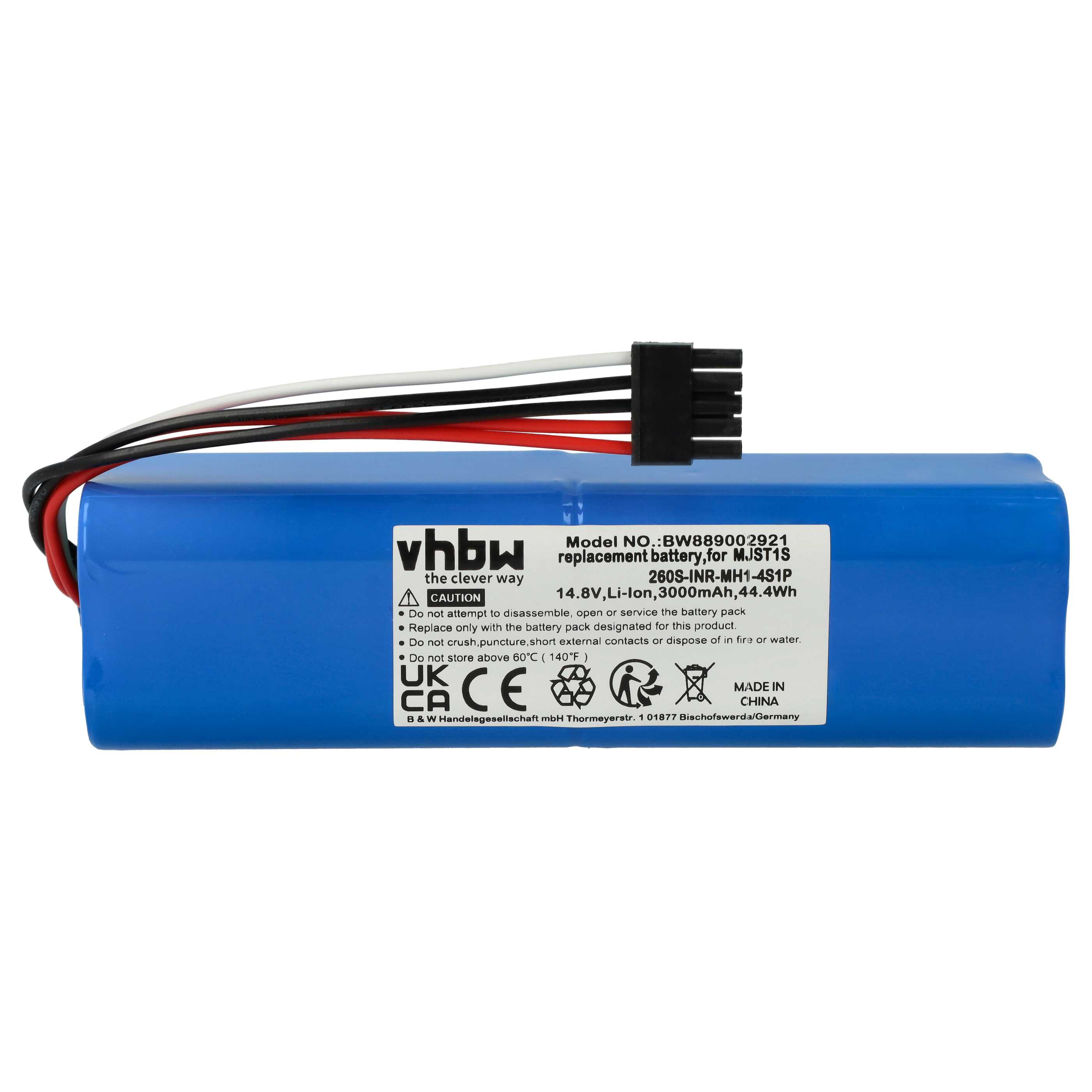 Blauer Akku mit schwarzem Stecker. Text enthält Warnungen und Spezifikationen. Drähte in Schwarz, Rot und Weiß.