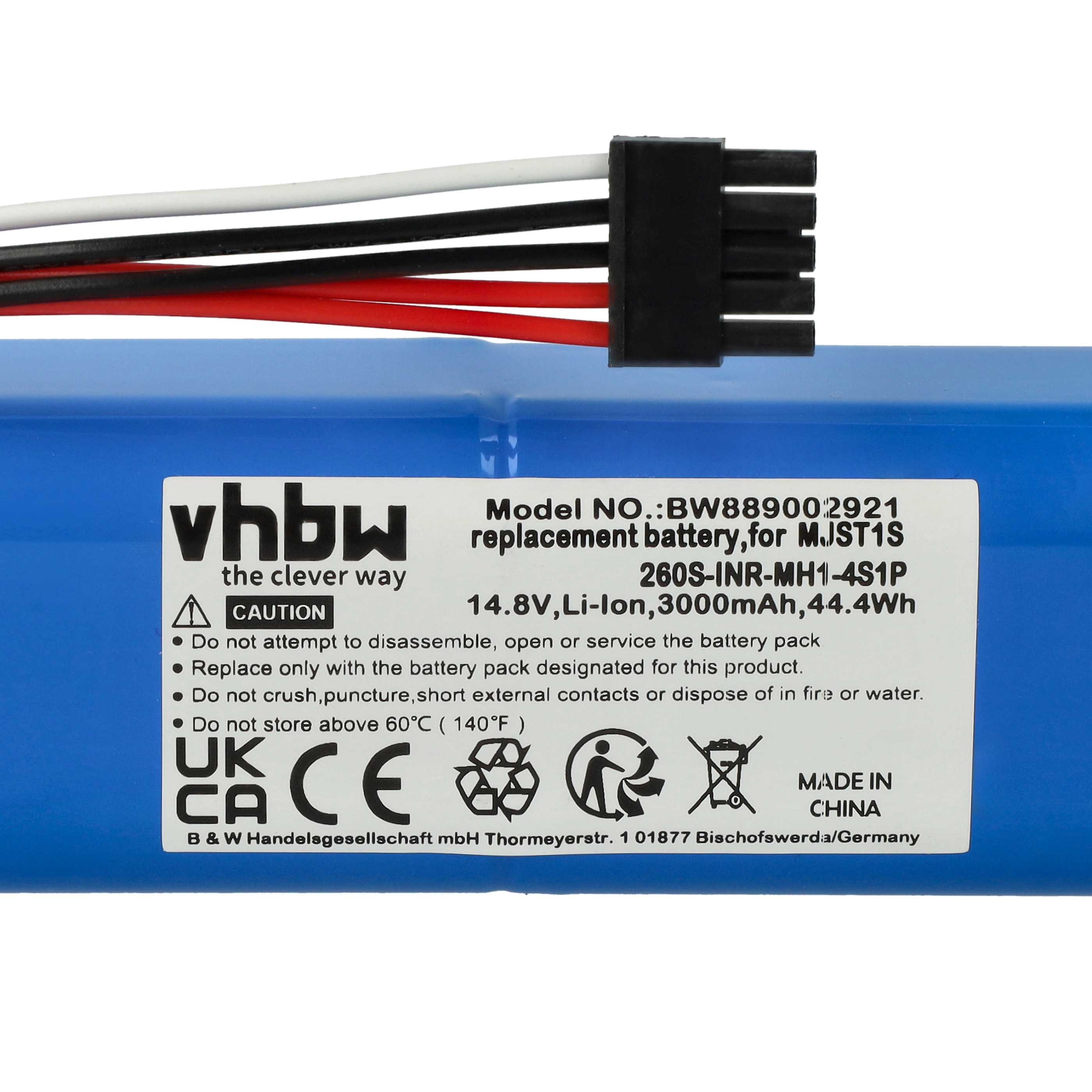 Blauer Akku mit schwarzen und farbigen Drähten, die mit einem schwarzen Stecker verbunden sind. Text und Warnhinweise sind sichtbar.