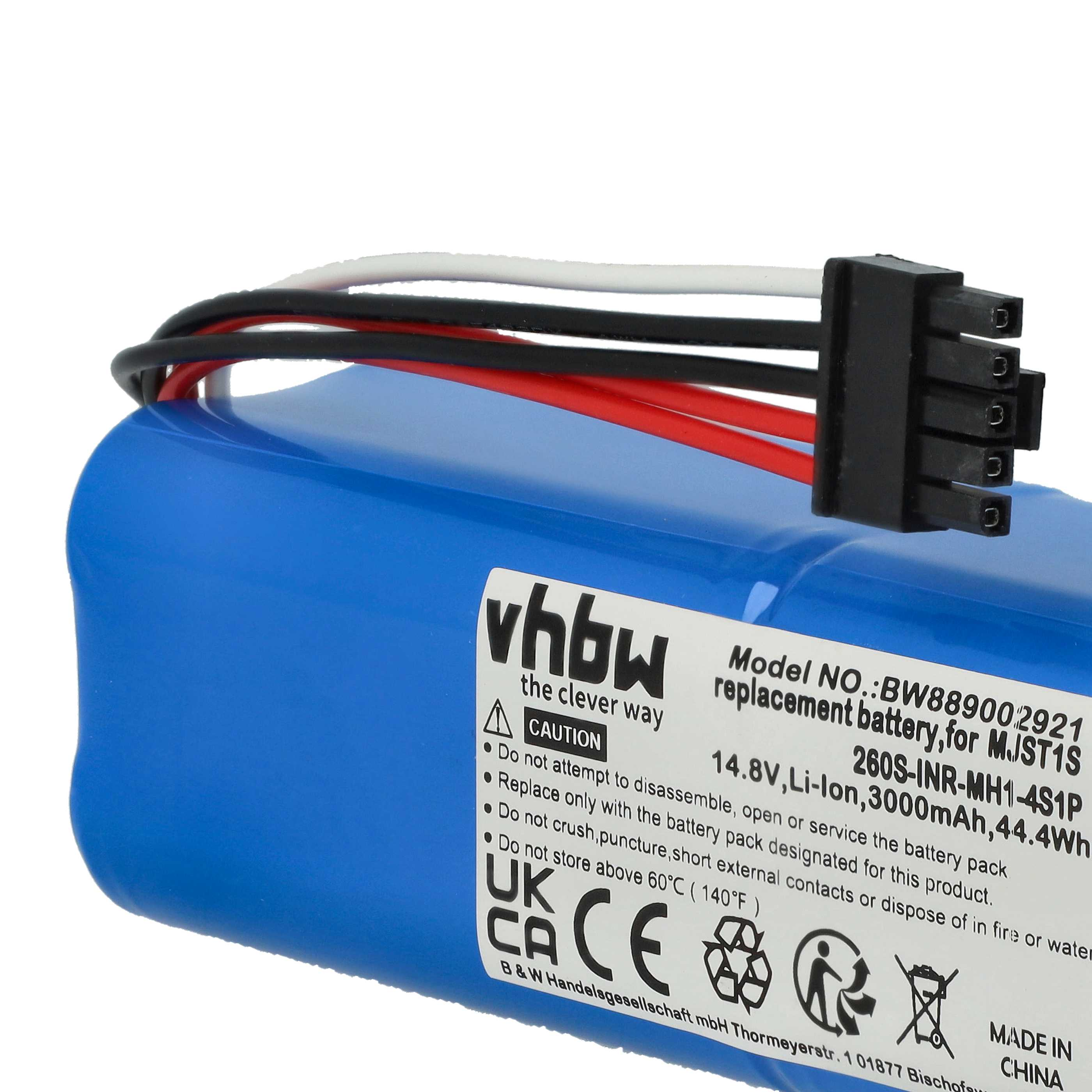 Ein blauer Akku mit schwarzen, roten und weißen Drähten. Es hat einen schwarzen Stecker und Text auf der Seite, mit Warnhinweisen.