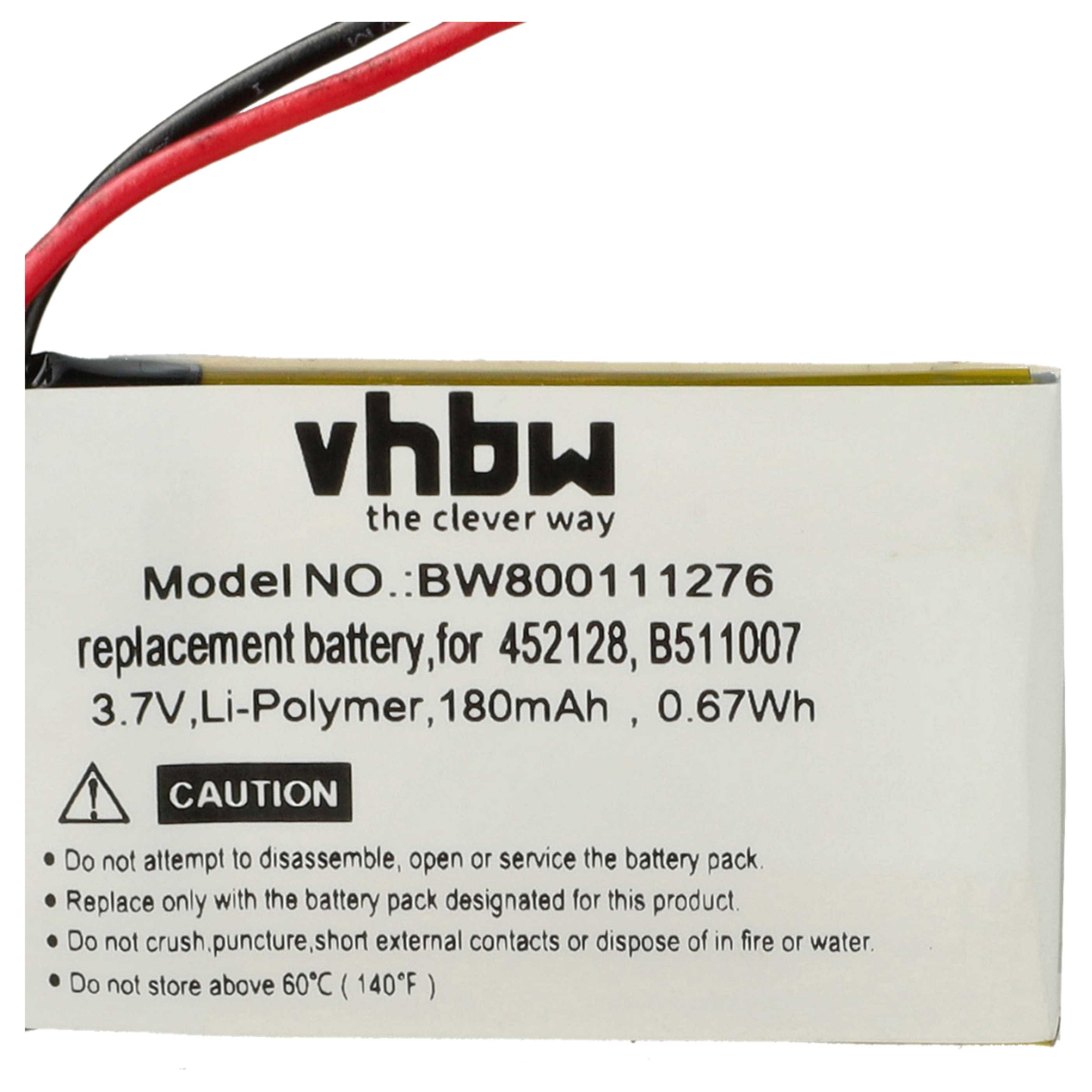 Ein Batterielabel mit schwarzen und roten Drähten, Text enthält Modellnummer, Warnung und Produktinformationen.