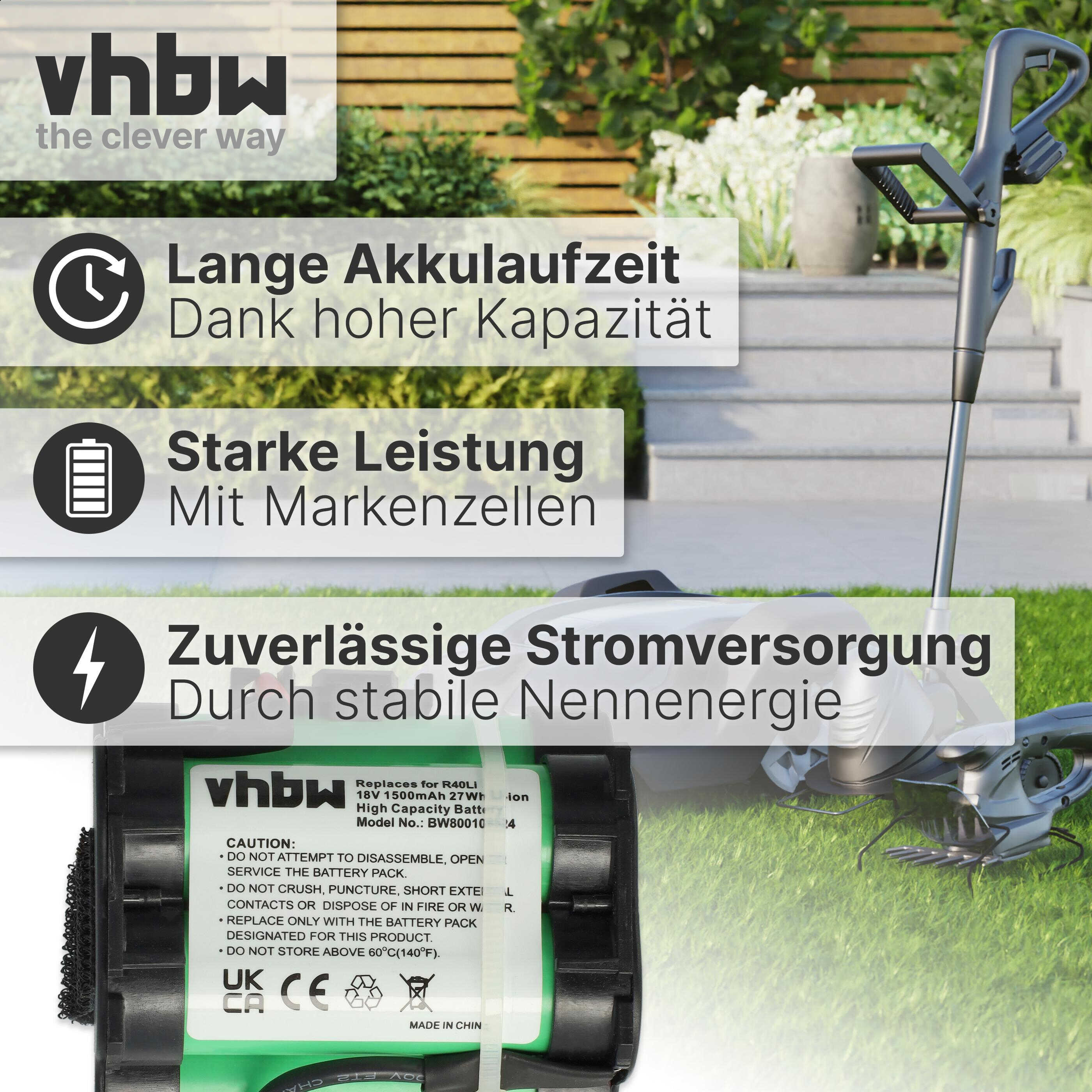 Das Bild zeigt einen Akku mit Text und einem Rasentrimmer. Der Text beschreibt die Akkueigenschaften.
