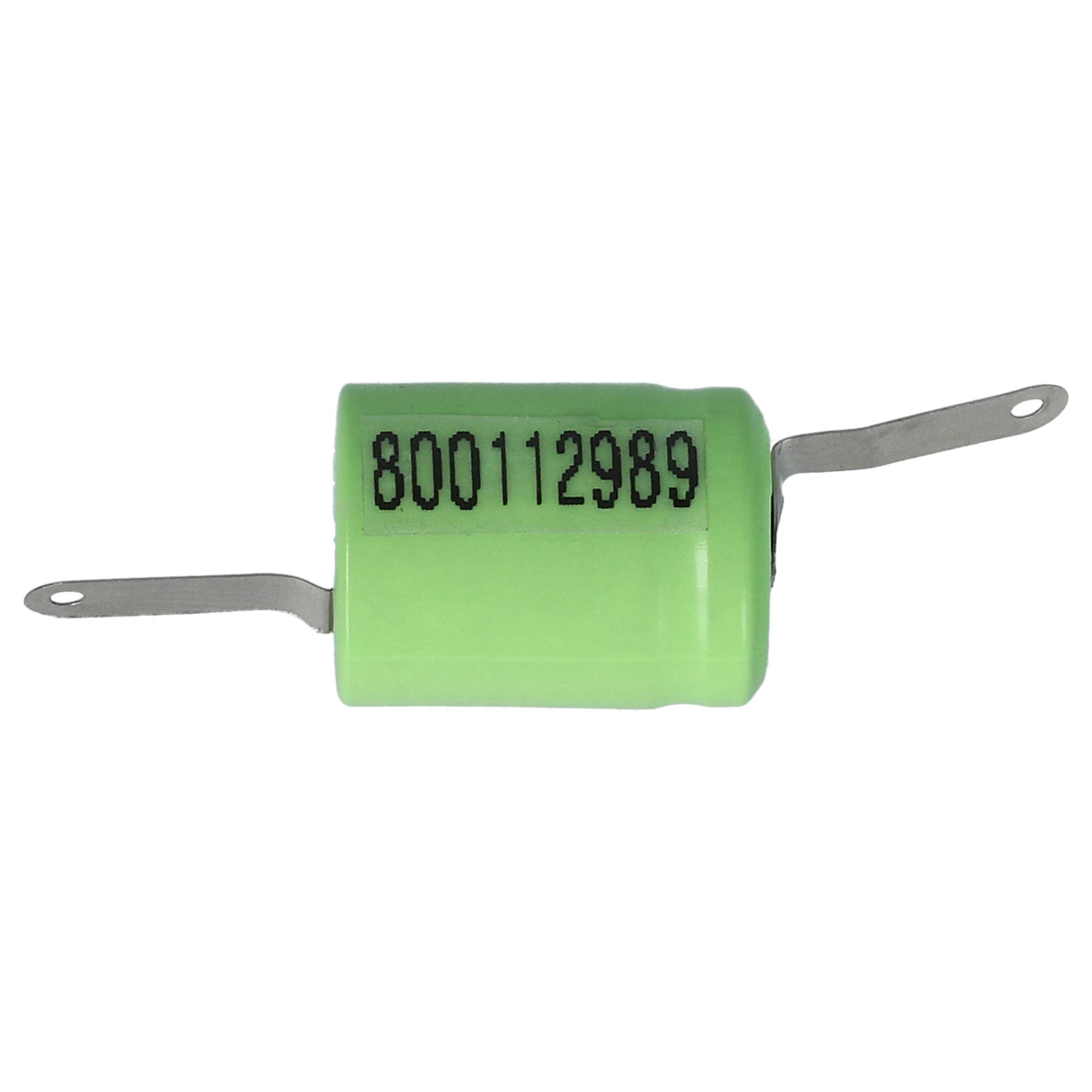 Ein grünes elektronisches Bauteil mit der Aufschrift '800112989' und zwei Metallkabeln. Weißer Hintergrund.