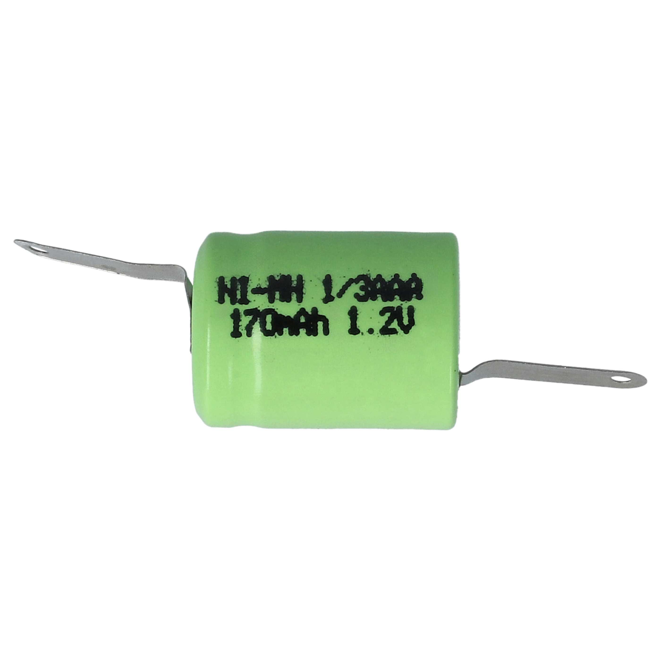 Eine grüne Ni-MH-Batterie mit Metallfahnen. Auf der Batterie steht: Ni-MH 1/3AAA 170mAh 1,2V.