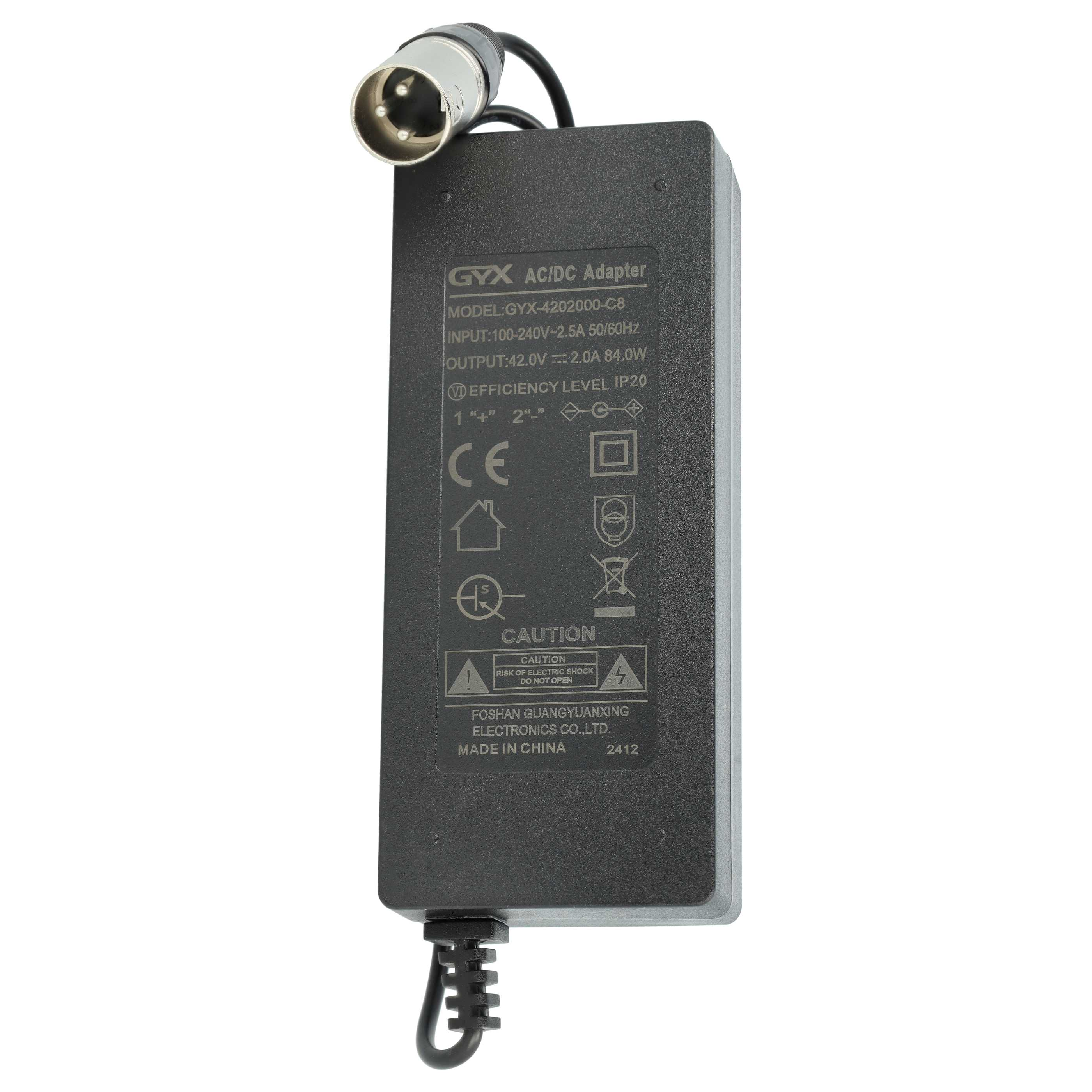 Schwarzer AC/DC-Adapter mit silbernem Stecker. Text auf dem Adapter: Modell, Eingang, Ausgang und Vorsichtsymbole.