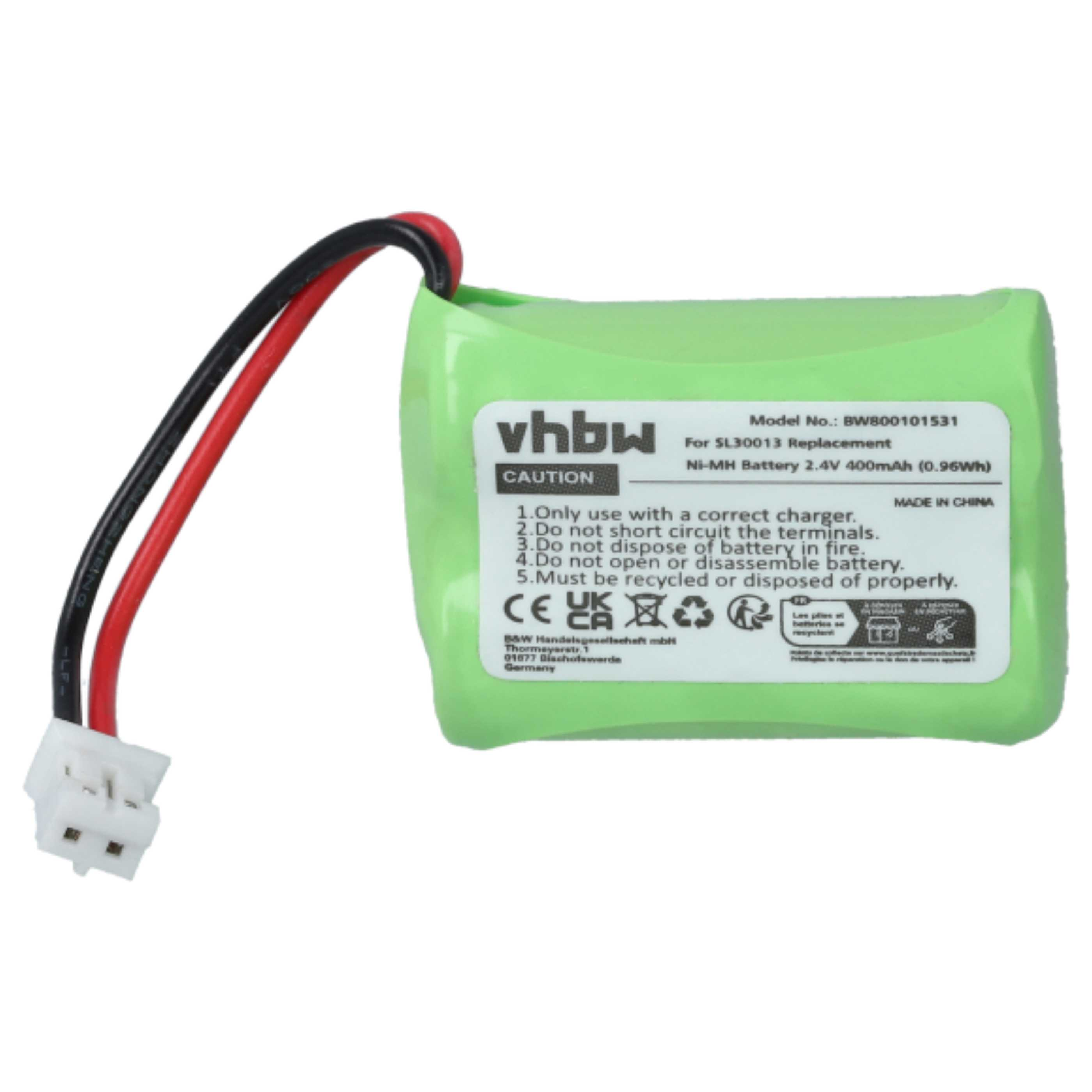 Ein grüner vhbw-Akku mit schwarzen und roten Drähten und einem weißen Stecker. Text enthält Warnungen und Modellinformationen.