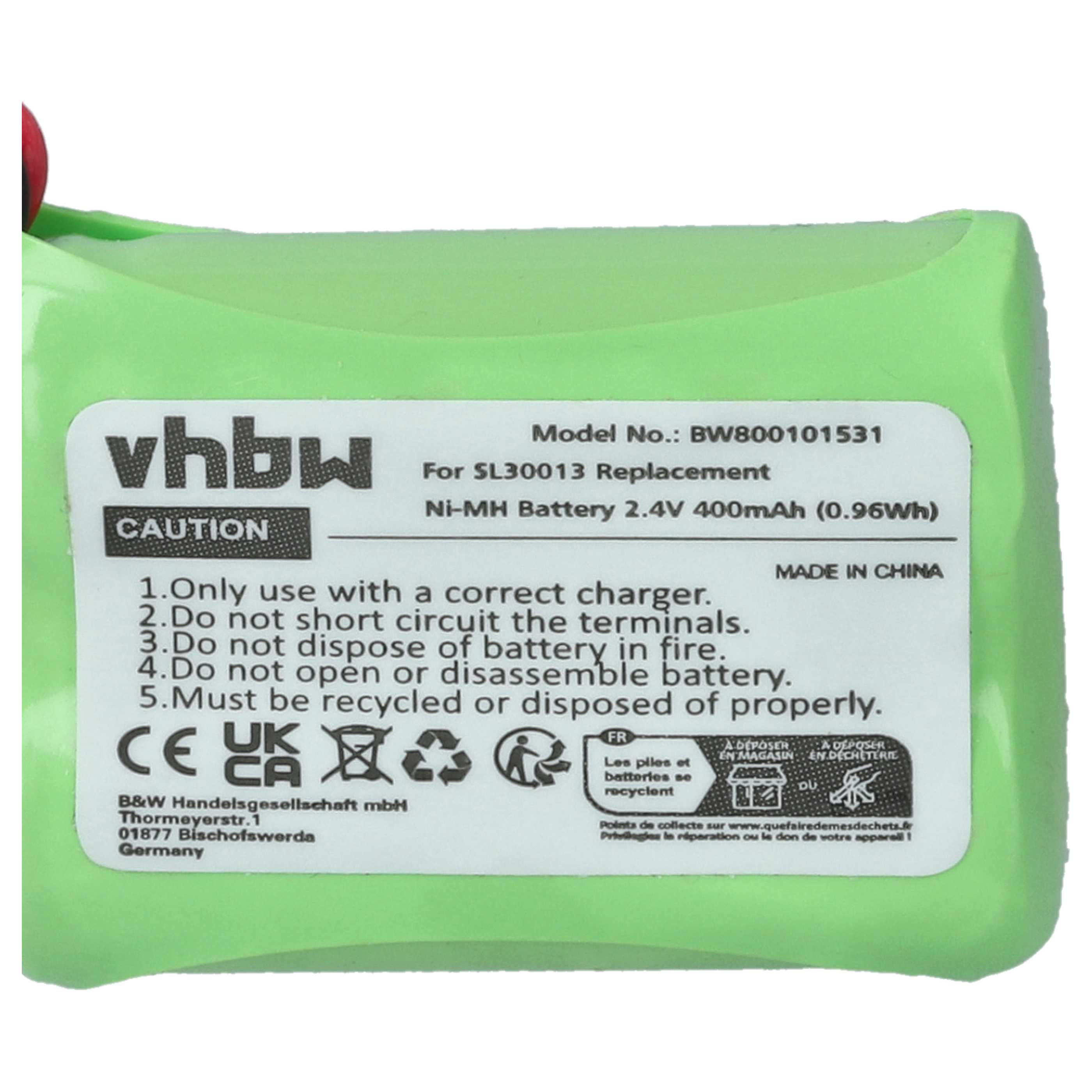 Ein grünes Batteriepack mit weißem Etikettentext. Das Etikett enthält Modell-, Spannungs-, Warn- und Recyclinginformationen.