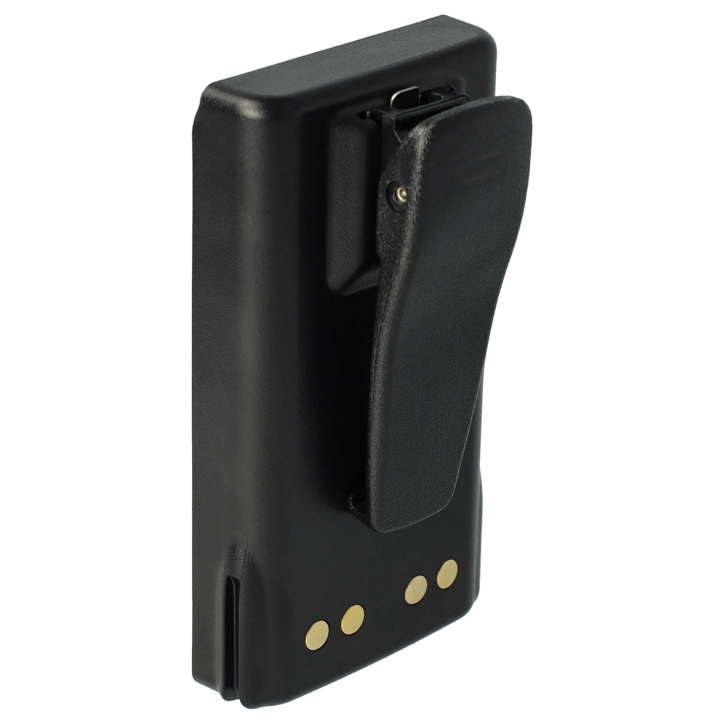 Ein schwarzes Walkie-Talkie-Akkupack mit Clip. Unten am Pack befinden sich drei goldfarbene Stifte.