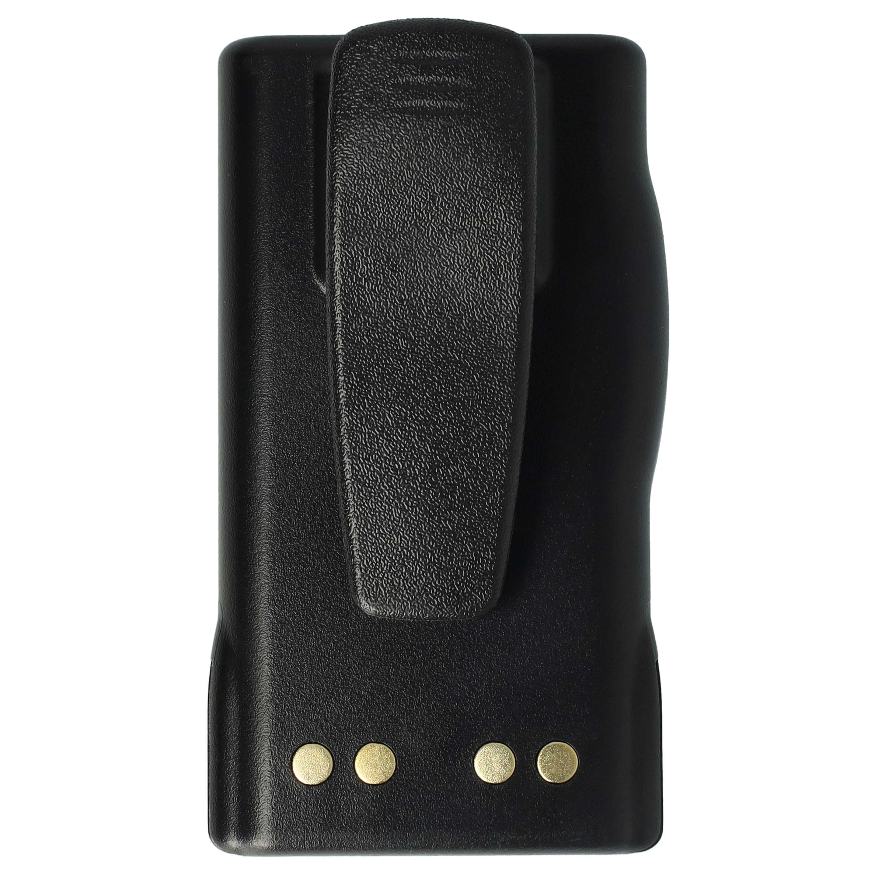 Schwarzes Gerät auf Weiß. Es hat einen Gürtelclip. Unten befinden sich vier goldfarbene Kreise.