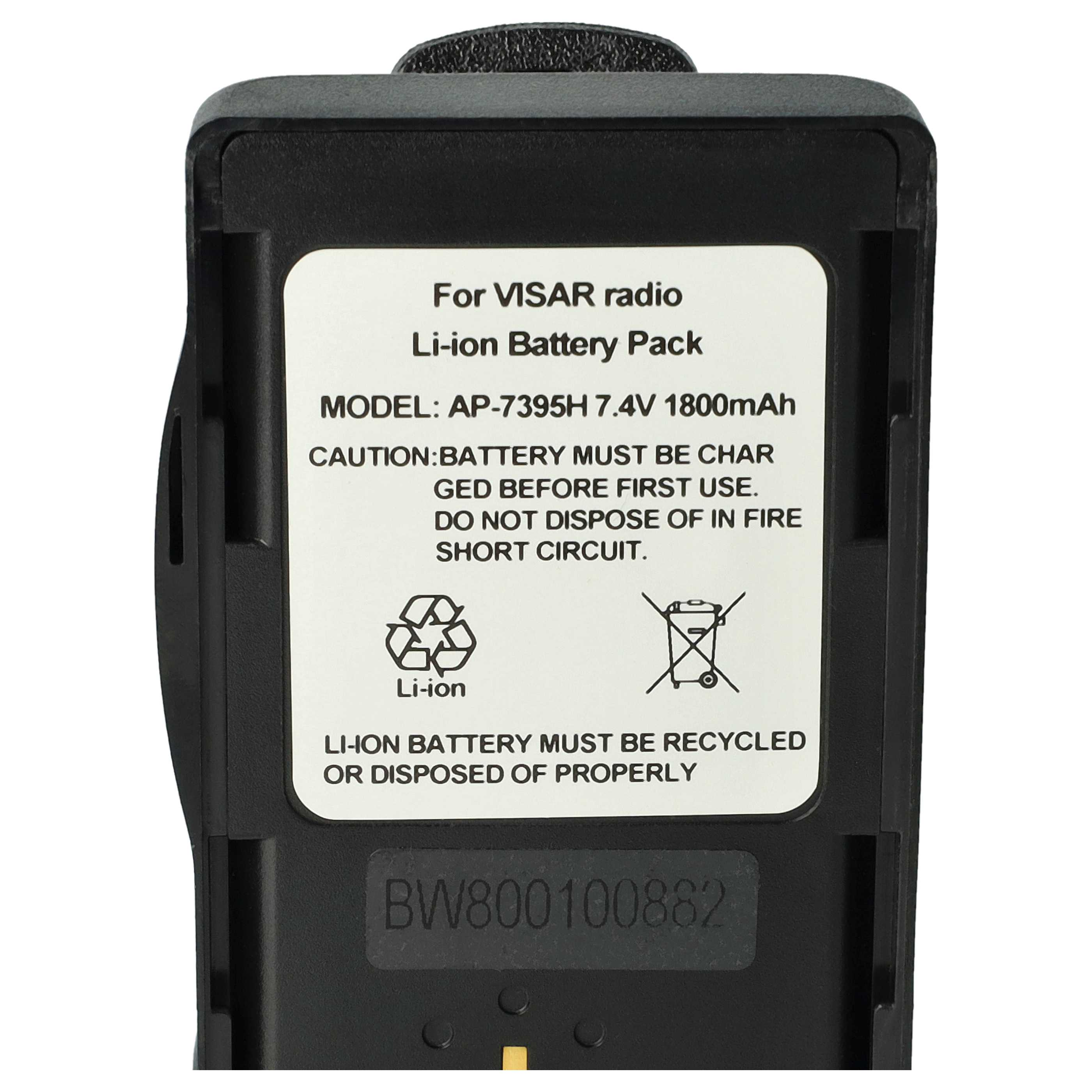 Ein schwarzer Akku mit weißem Etikett. Der Text auf dem Etikett lautet 'For VISAR radio' und 'Li-ion Battery Pack'.