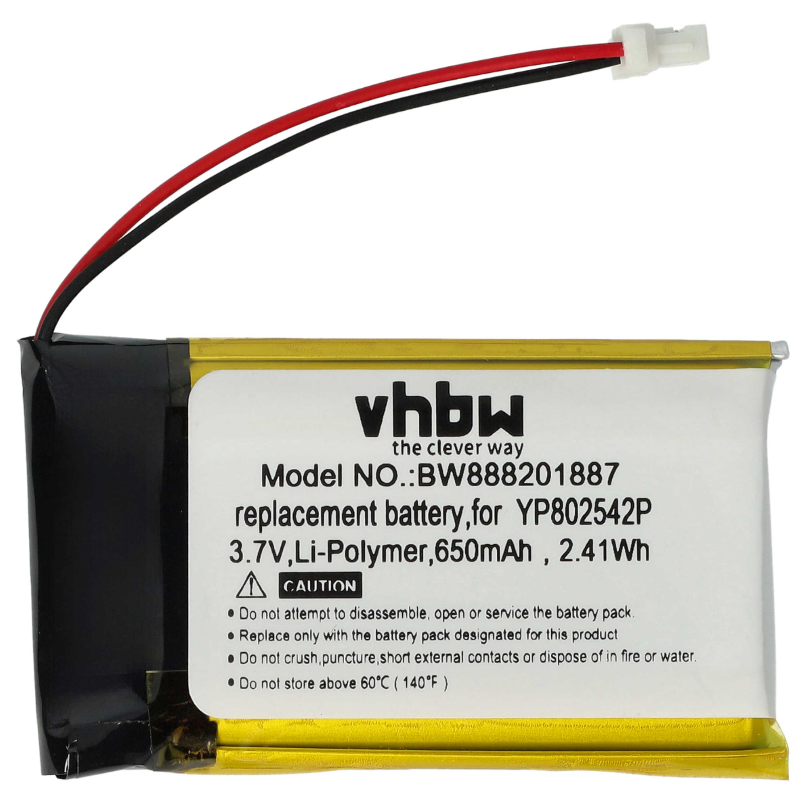 Eine Batterie mit schwarzen und roten Drähten. Sie hat Text mit Warnhinweisen und Spezifikationen.