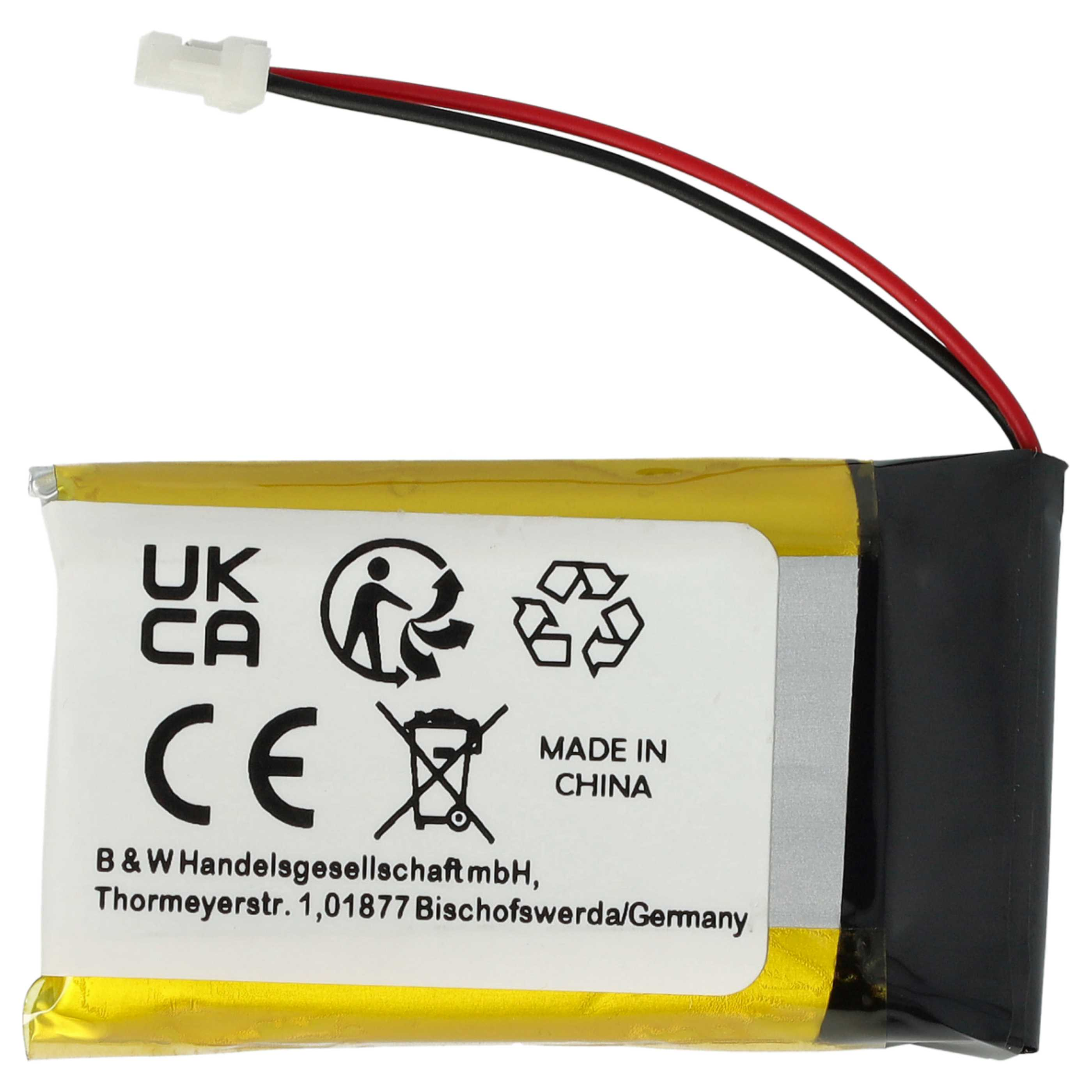 Ein rechteckiger Akku mit schwarzen und roten Drähten, weißem Stecker, gelbem und schwarzem Gehäuse und einem Etikett mit Symbolen und Text.
