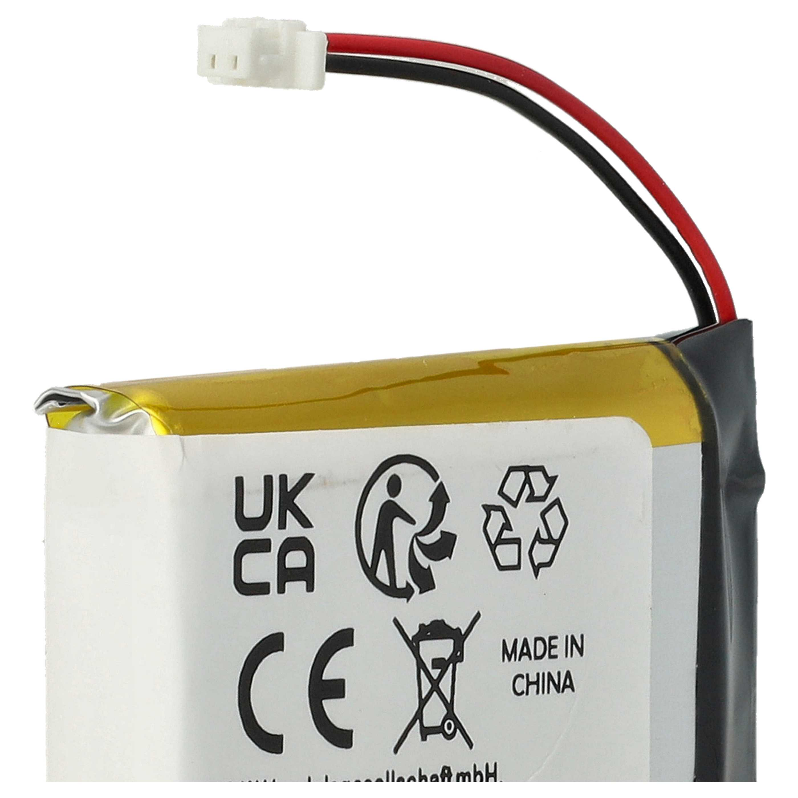 Akku mit weißem Stecker, roten und schwarzen Drähten. Es hat CE-, UKCA-Kennzeichnungen und sagt 'Made in China'.