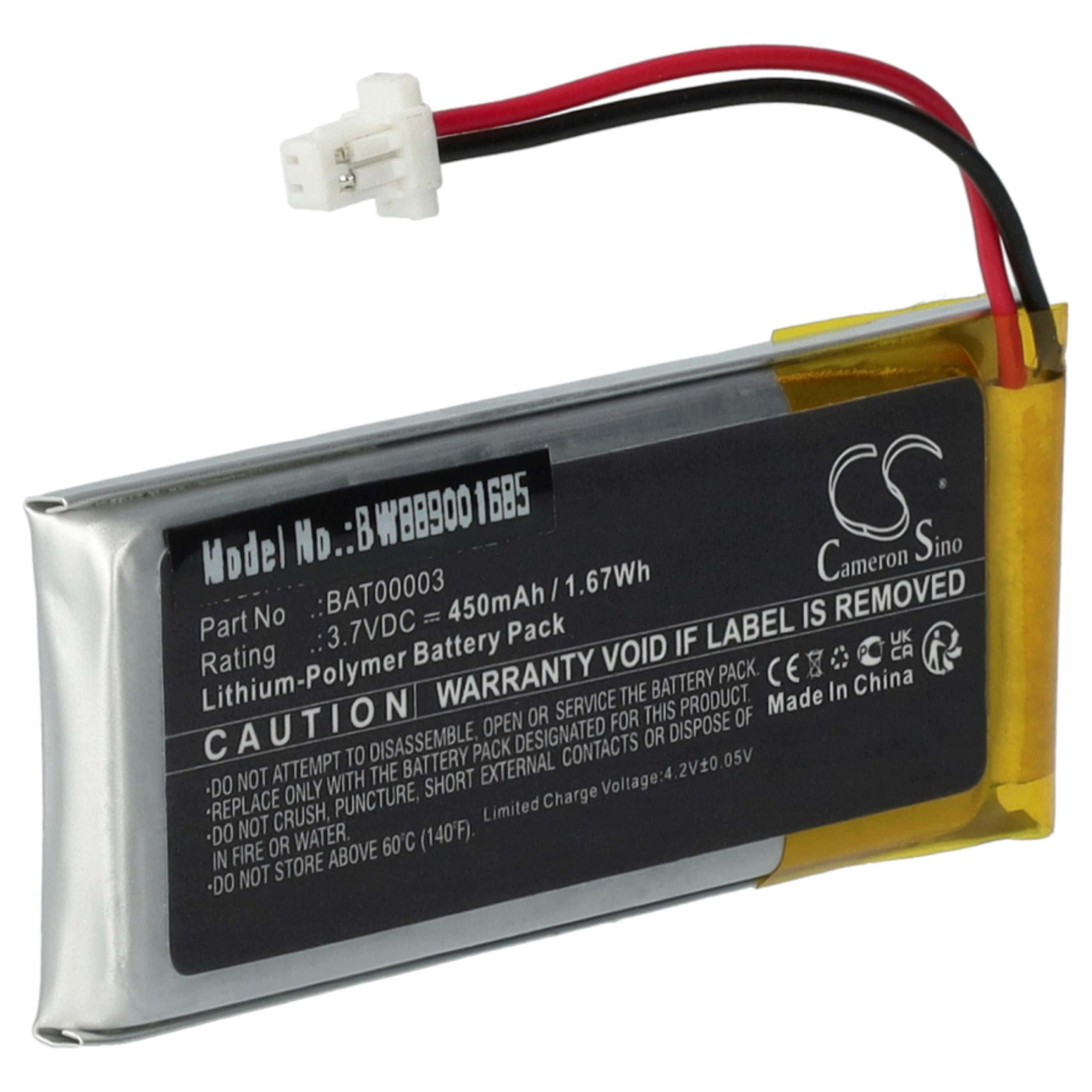 Ein rechteckiger Lithium-Polymer-Akku. Er hat Etiketten mit Text, einen Stecker und rot/schwarze Drähte. Der Akku ist gelb und silber.