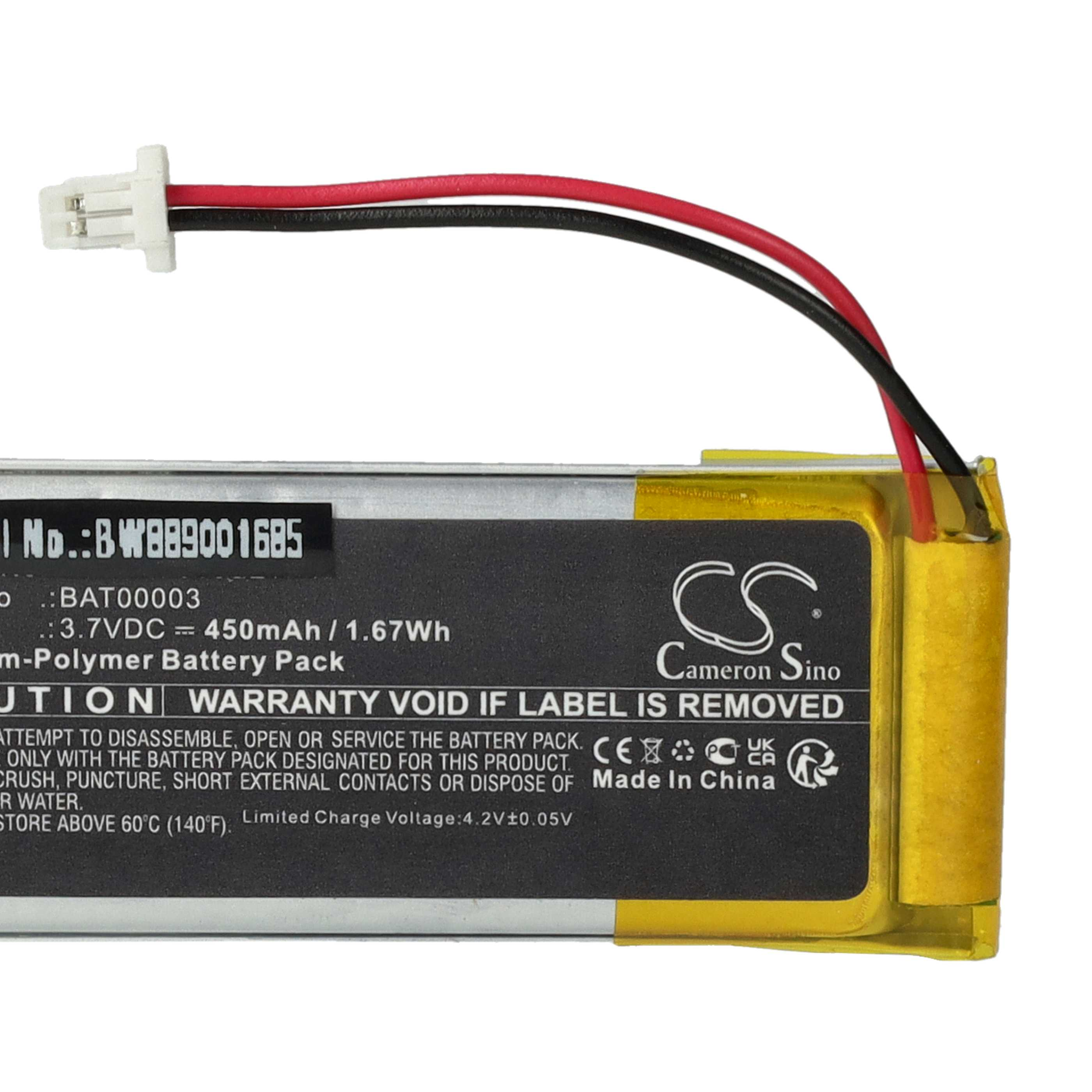 Ein Akkupack mit schwarzen und roten Drähten. Es hat einen weißen Stecker und ein schwarzes Etikett mit Text.