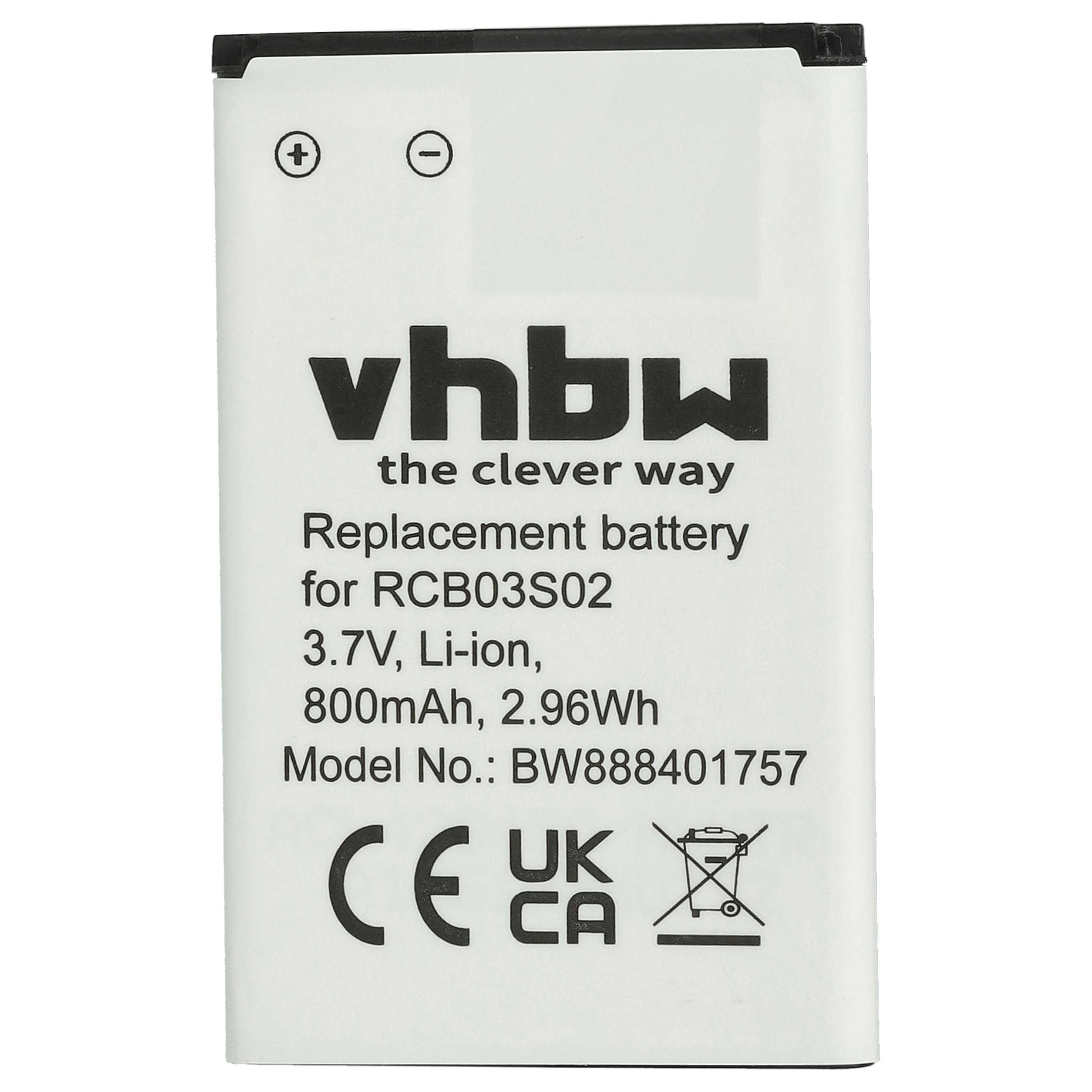 Weißer Akku mit schwarzem Text. Markenname vhbw. Spezifikationen: 3,7 V Li-Ion, 800 mAh, Ersatz für RCB03S02. CE-, UKCA-Symbole.
