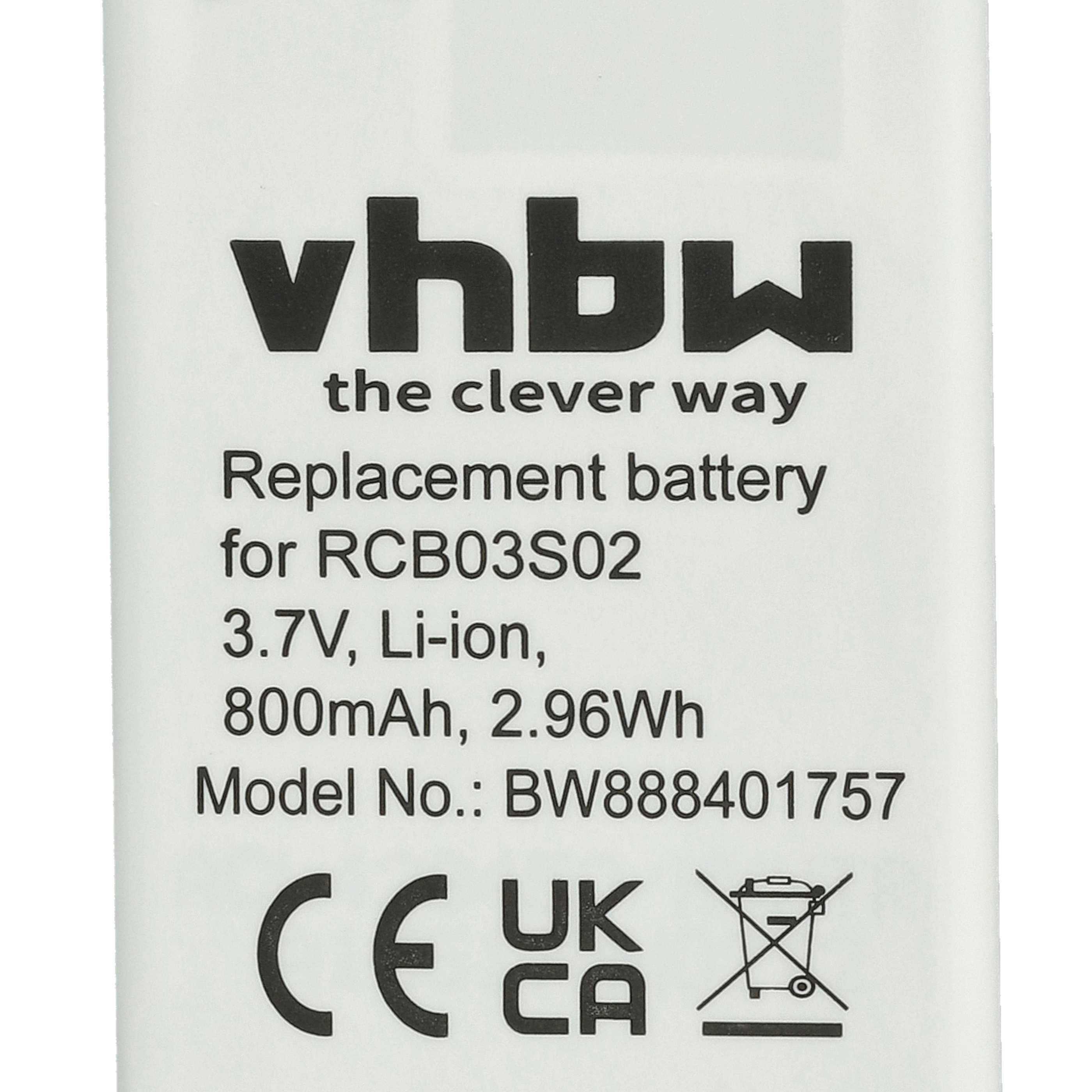 Auf weißem Etikett schwarzer Text: vhbw-Logo, der clevere Weg, Batteriespezifikationen, Modellnummer, CE- und UKCA-Zeichen und durchgestrichene Mülltonne.