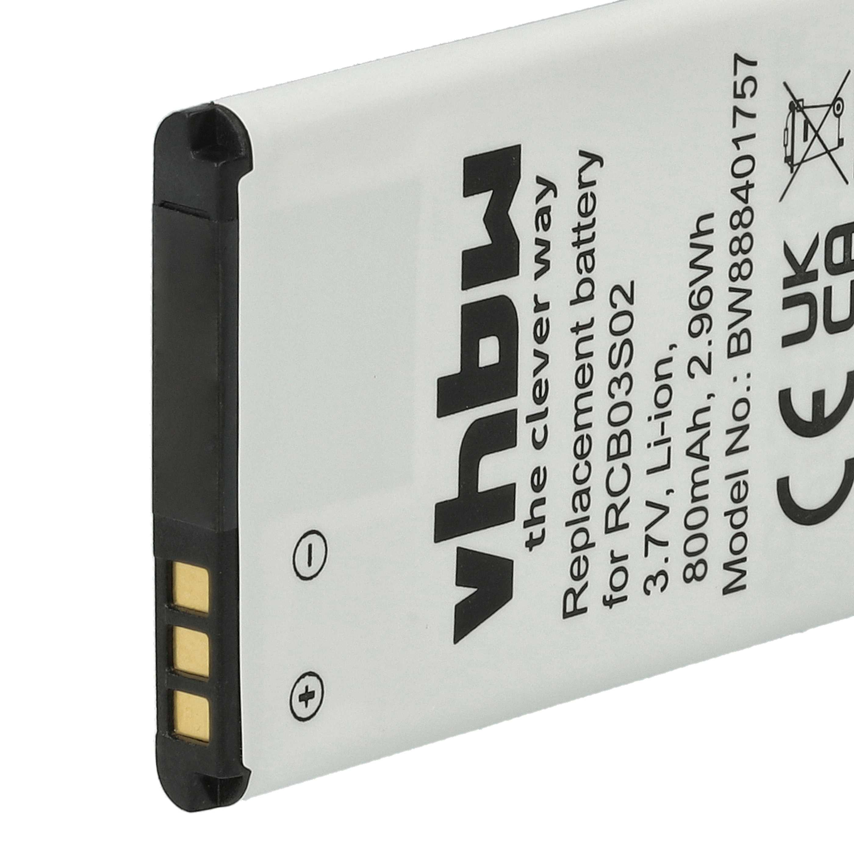 Ein weißer Akku mit schwarzen Kanten und Text. Der Text enthält 'vhbw', '3,7V Li-Ion' und Modellinformationen.