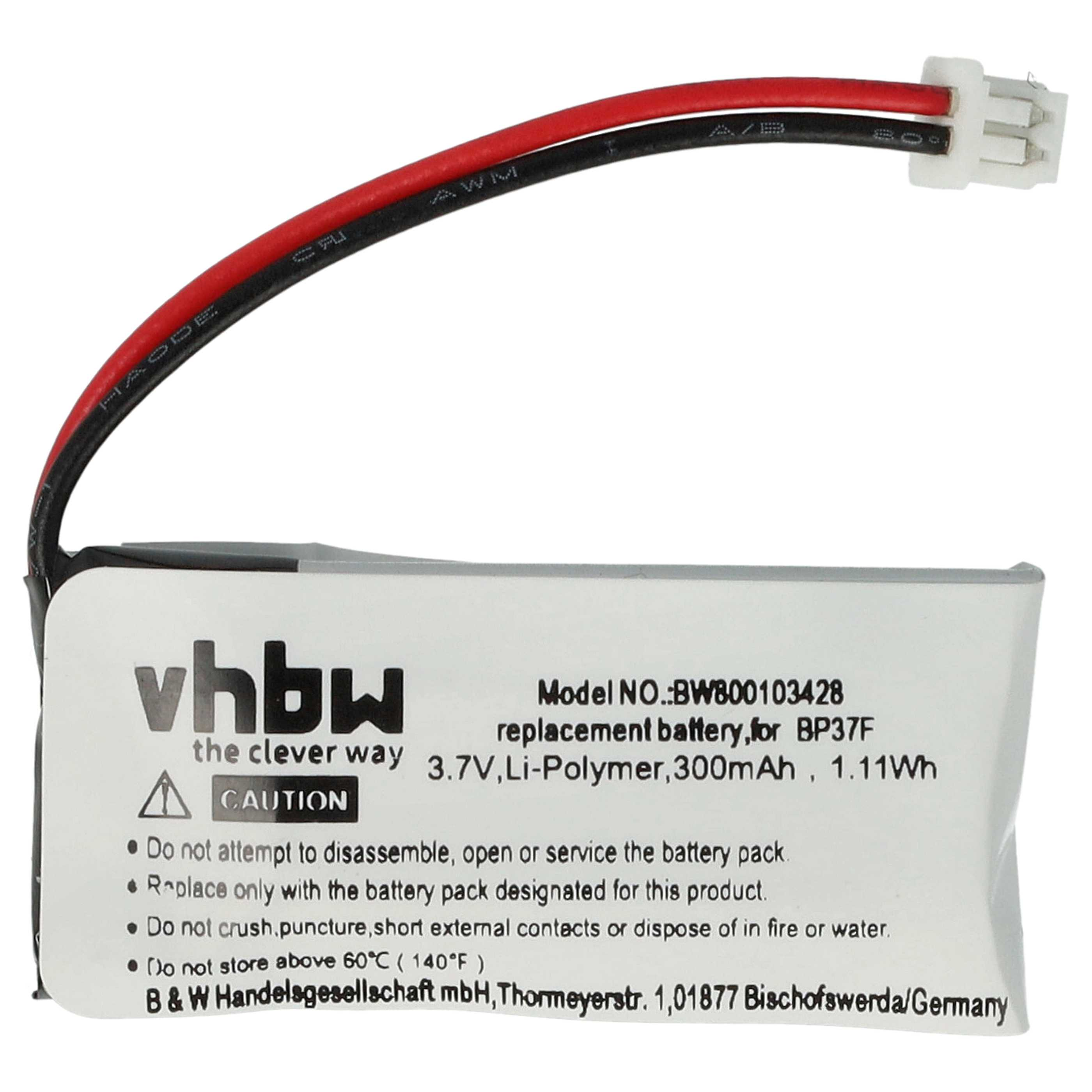Ein Akku mit roten und schwarzen Drähten. Er hat einen weißen Stecker. Der Akku ist mit Warnhinweisen und Spezifikationen versehen.