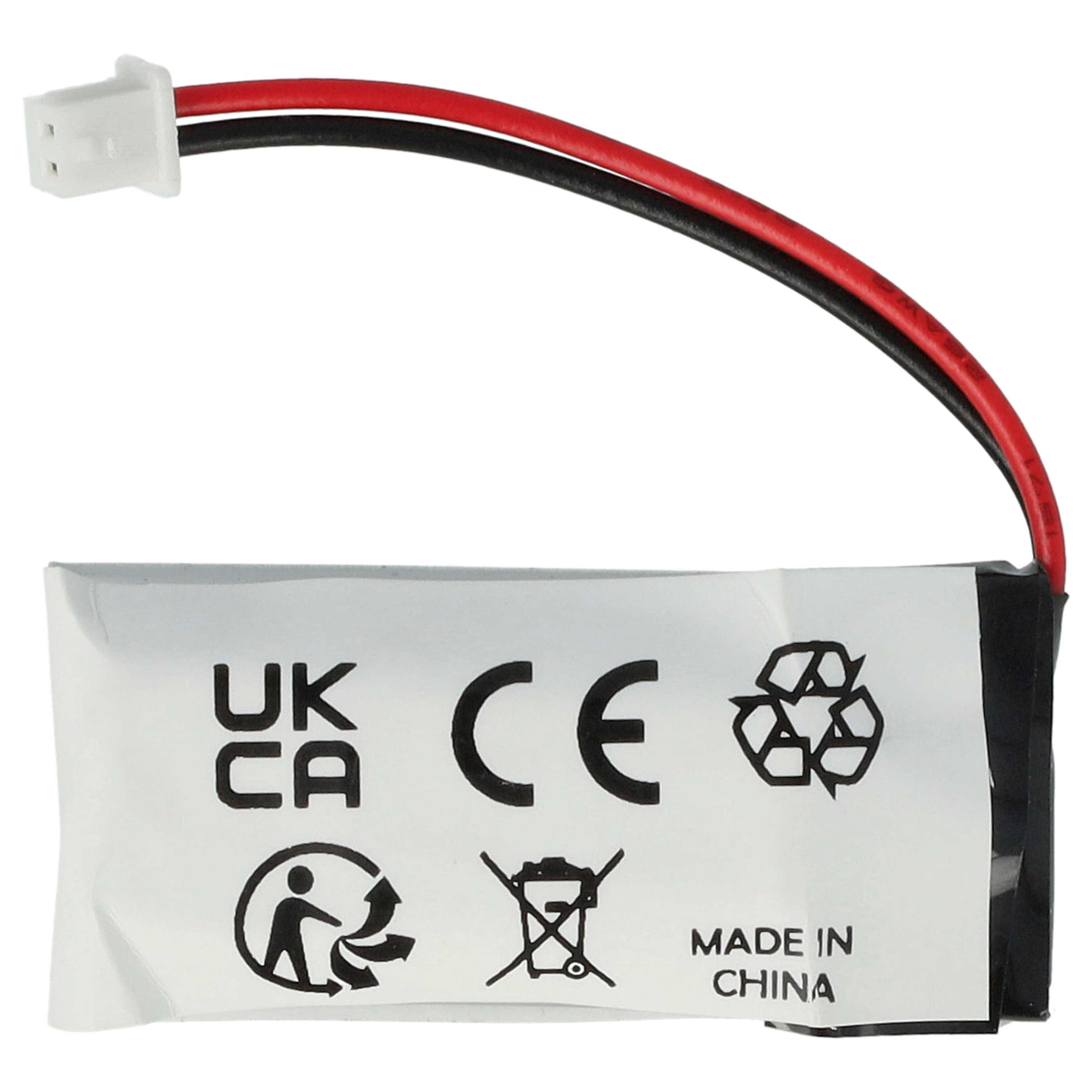 Ein Akku mit schwarzen und roten Drähten und einem weißen Stecker. Es hat Symbole und Text, einschließlich 'Made in China'.