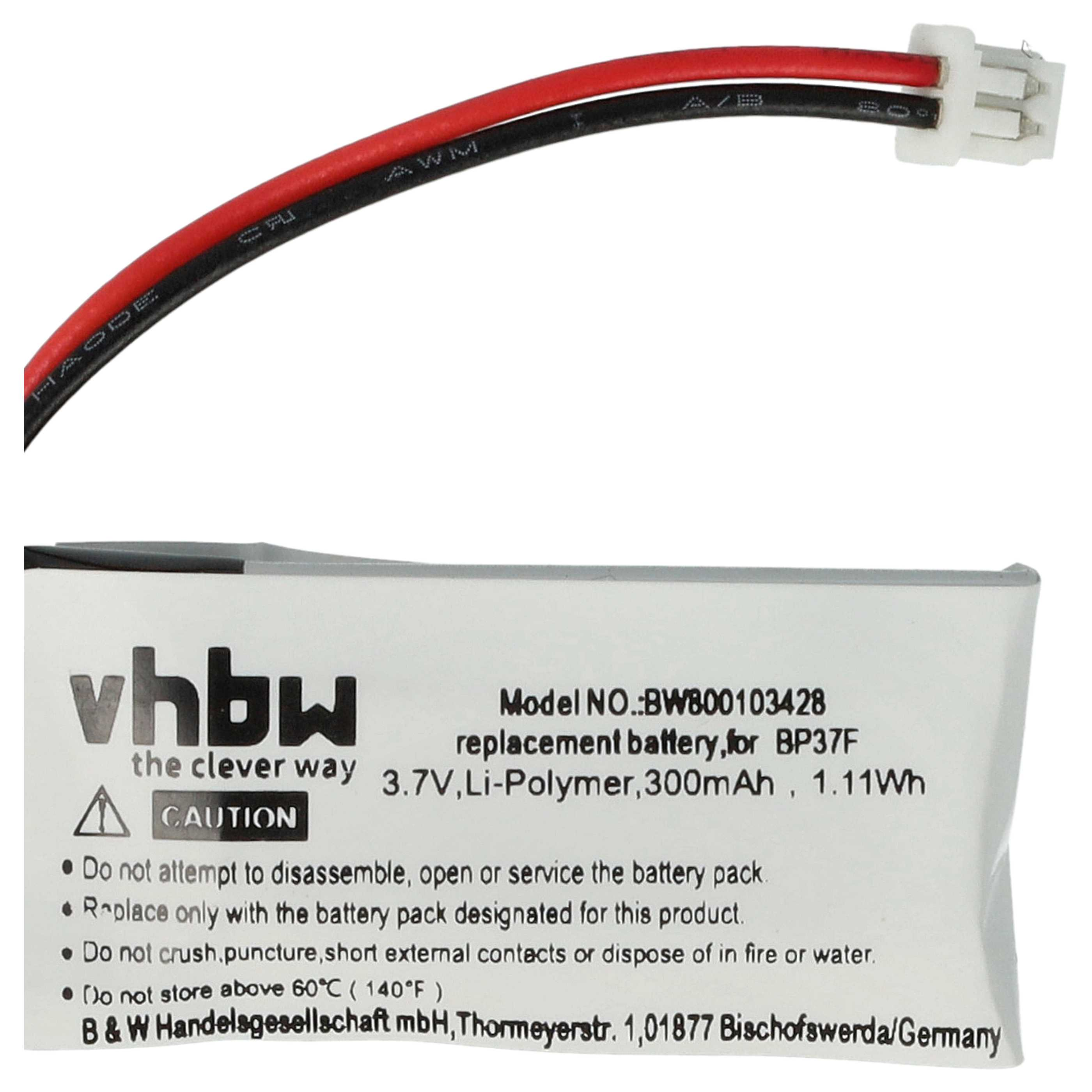 Akkupack mit roten und schwarzen Drähten und weißem Stecker. Weißes Etikett mit Produktinformationen und Warnhinweisen.