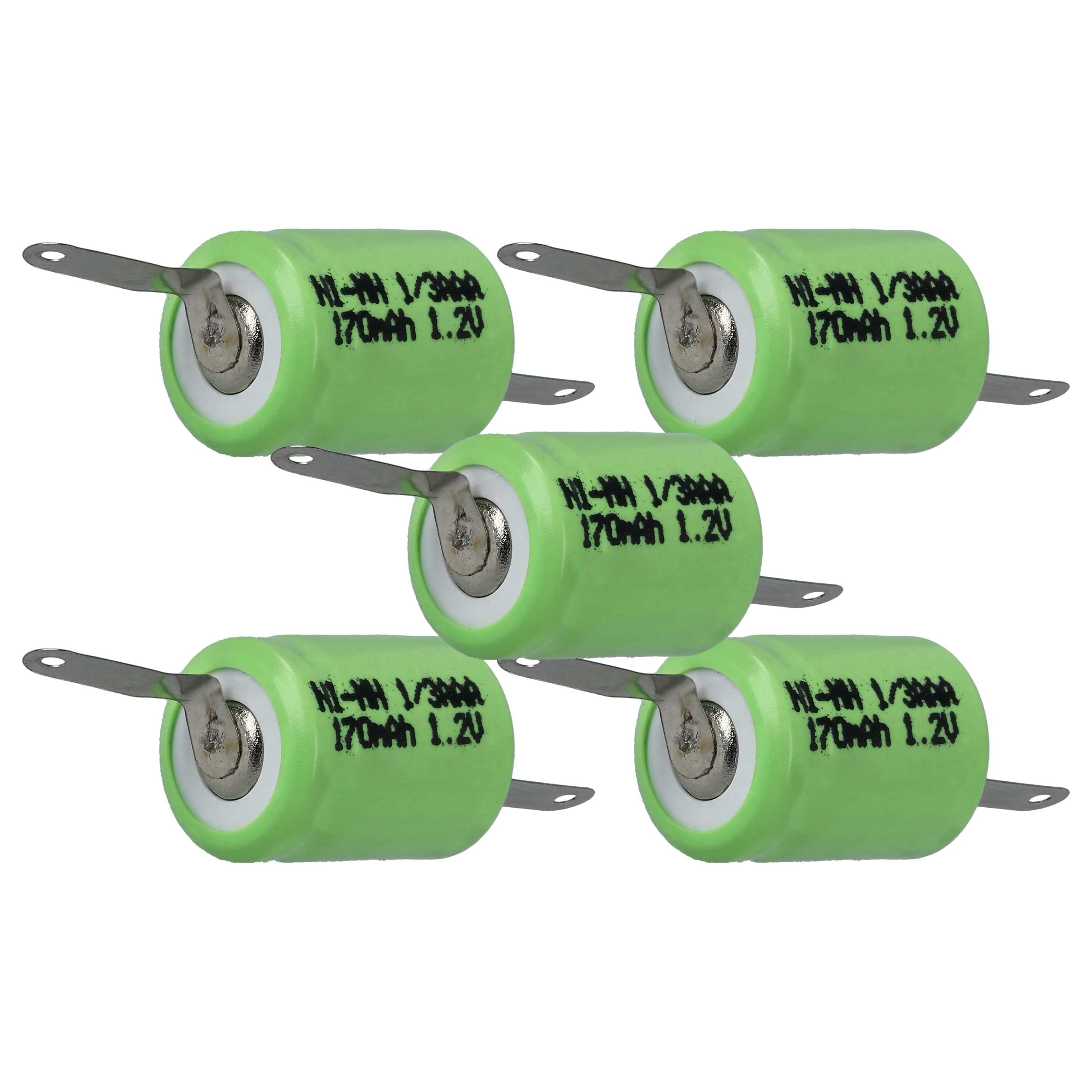 Fünf grüne Ni-MH-Batterien mit Metallfahnen. Auf jeder steht: Ni-MH 1/3AAA 170mAh 1.2V.