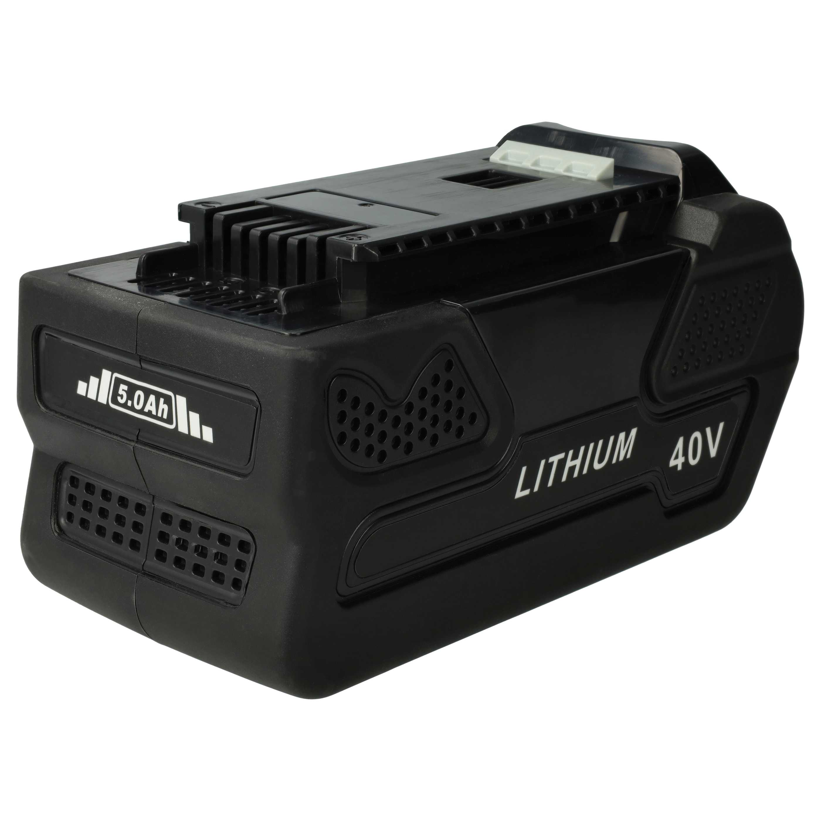 Schwarzer 40V Lithium-Ionen-Akku. Er hat eine 5,0 Ah Kapazitätsanzeige. Der Akku ist für Elektrowerkzeuge, mit Lüftungsschlitzen und einem Auslöser.