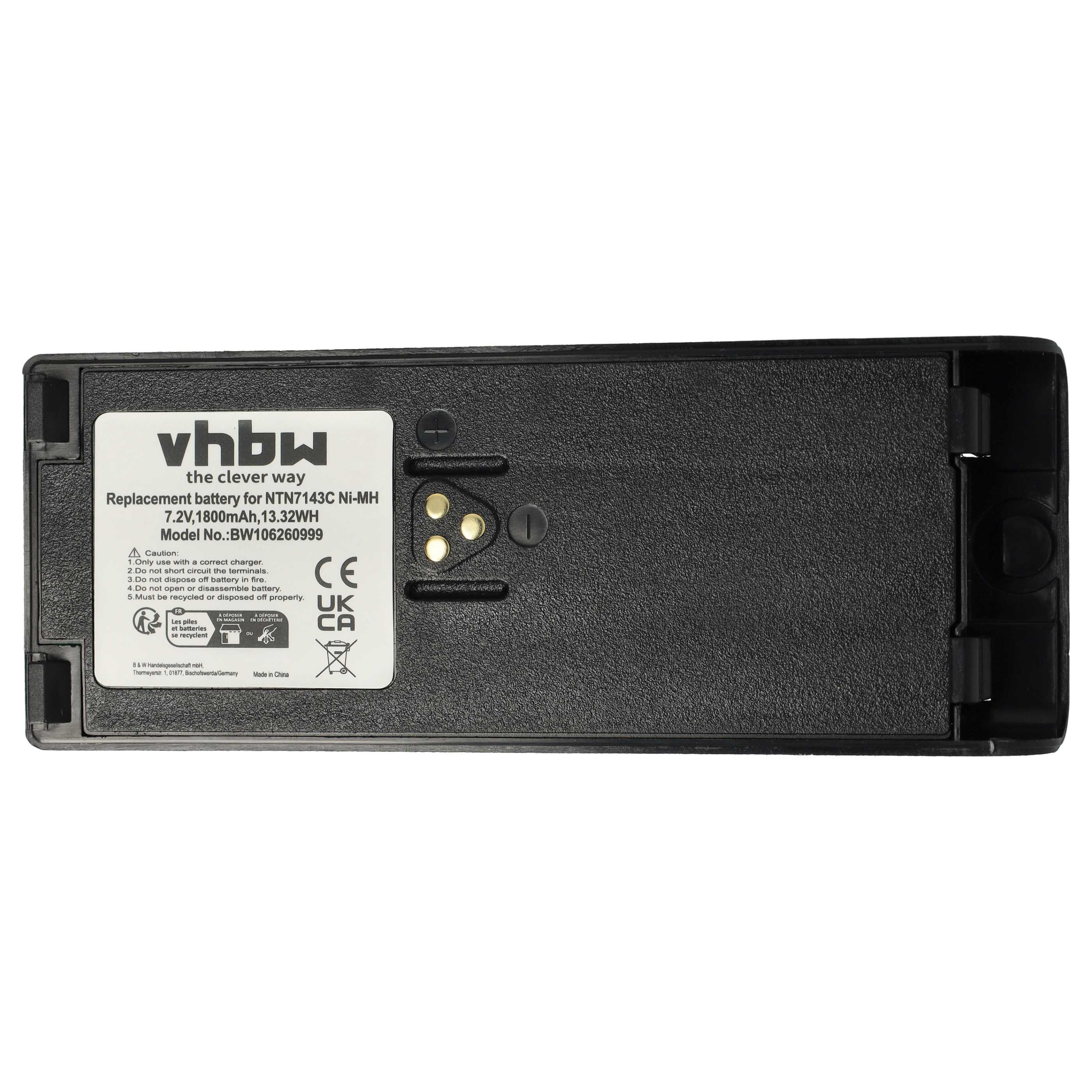 Schwarzer Akku mit weißem Etikett. Text: vhbw, Akku-Details, CE-, UKCA-Symbole, Recycling-Symbole und Made in China.