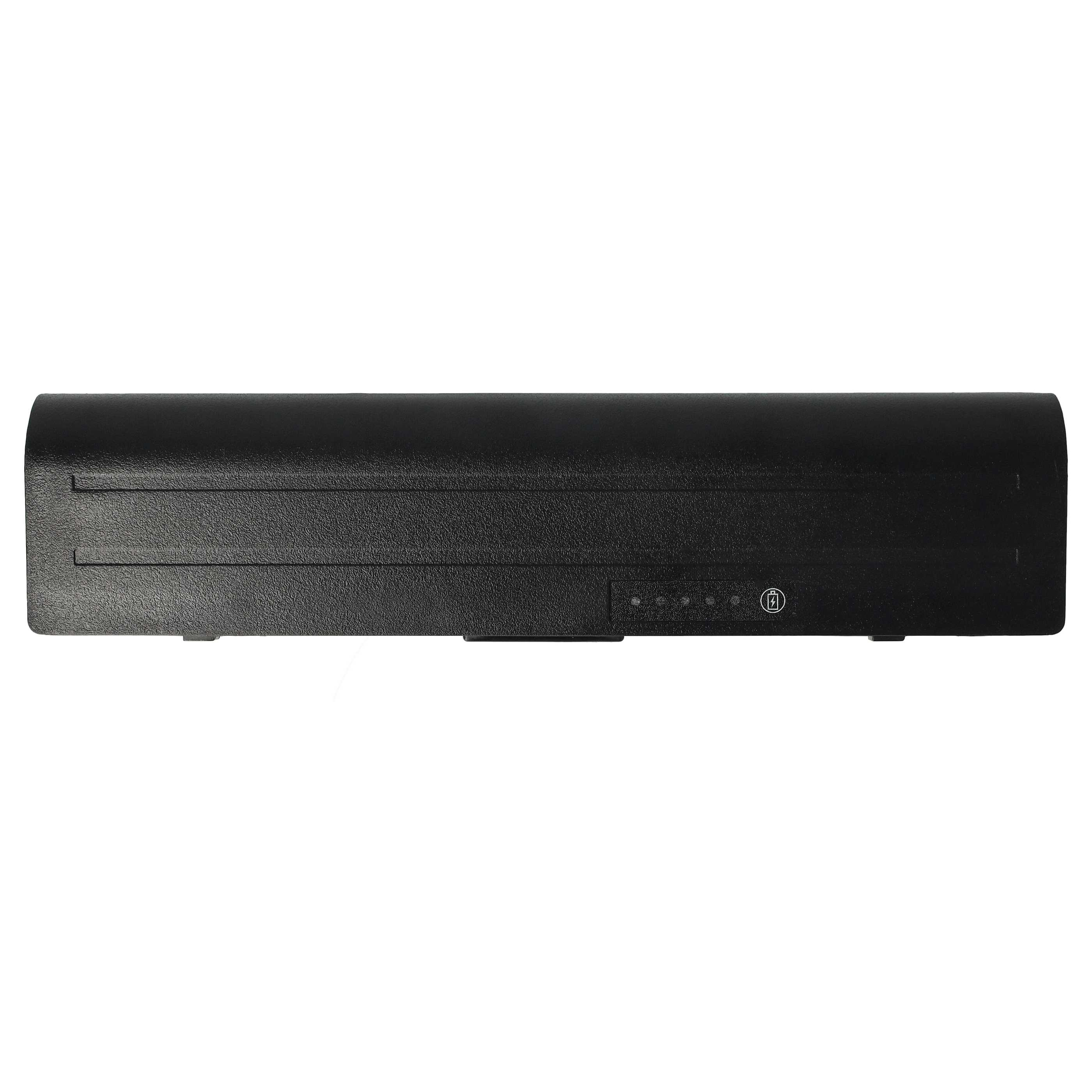 Schwarzer Laptop-Akku. Rechteckig mit abgerundeten Kanten. Ladeanzeige und Batteriesymbol.
