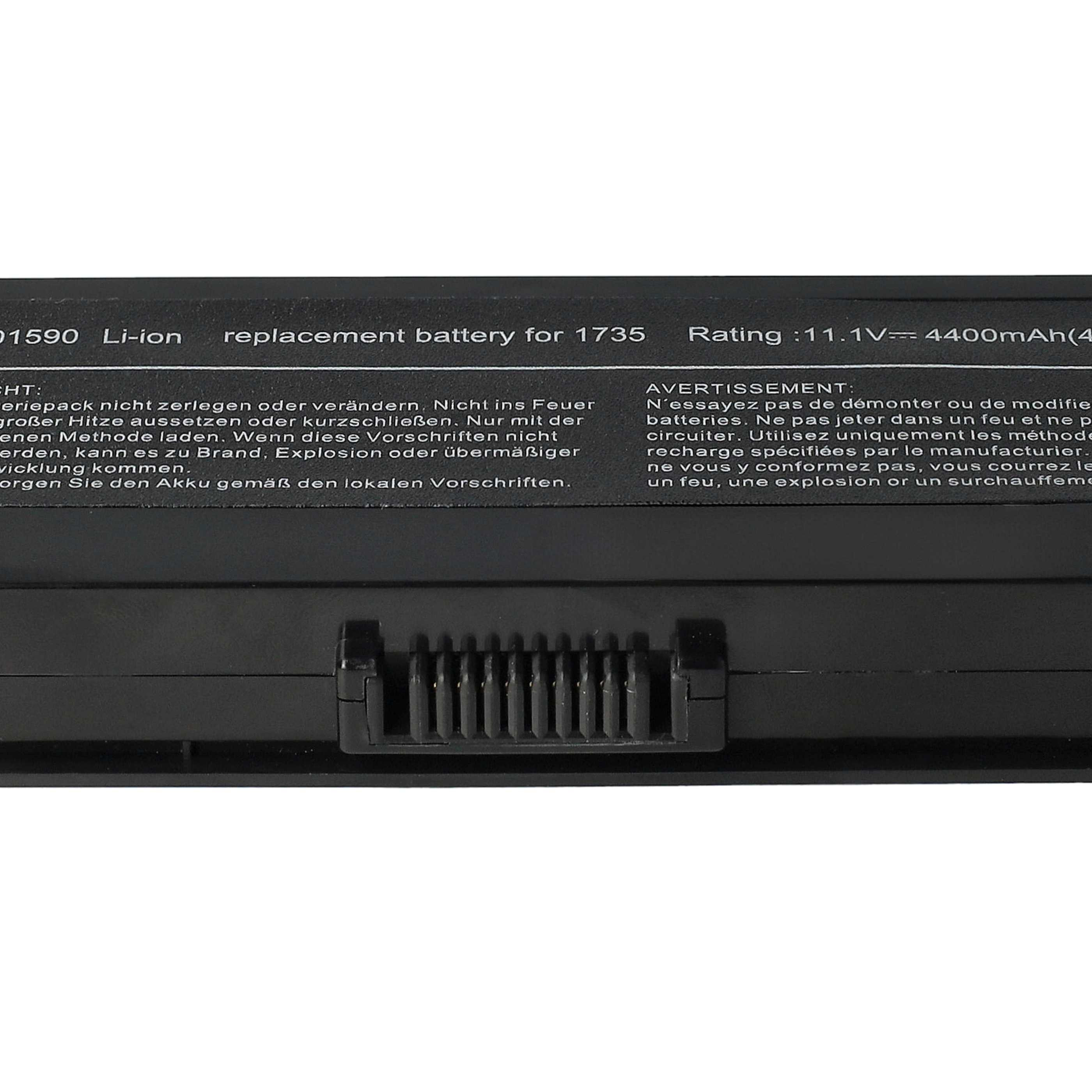 Schwarzer Laptop-Akku mit weißem Text. Details umfassen Spannung, Kapazität und Warnhinweise in mehreren Sprachen.