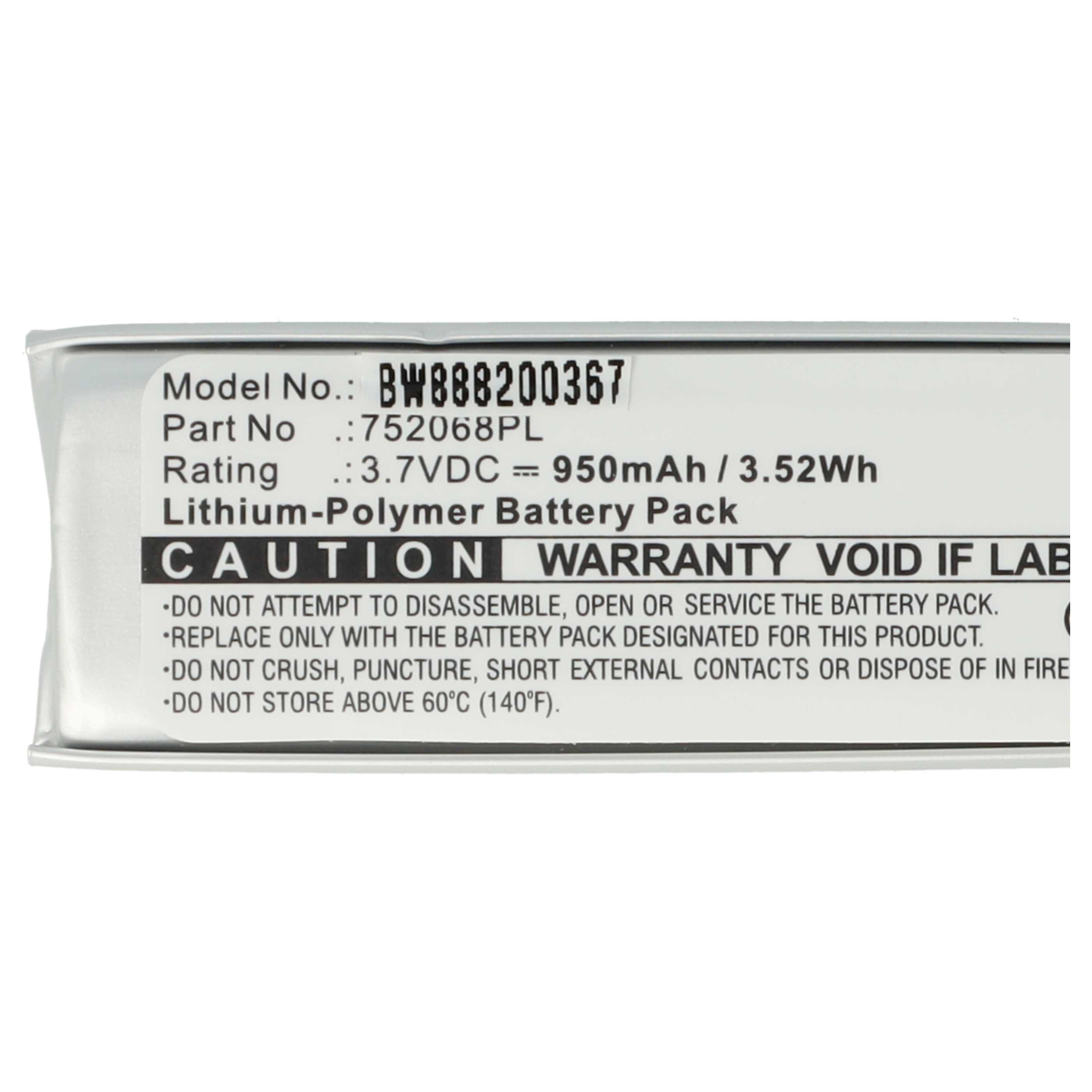 Ein Etikett mit Text über einen Lithium-Polymer-Akku. Es hat Modell- und Teilenummern sowie Sicherheitshinweise.