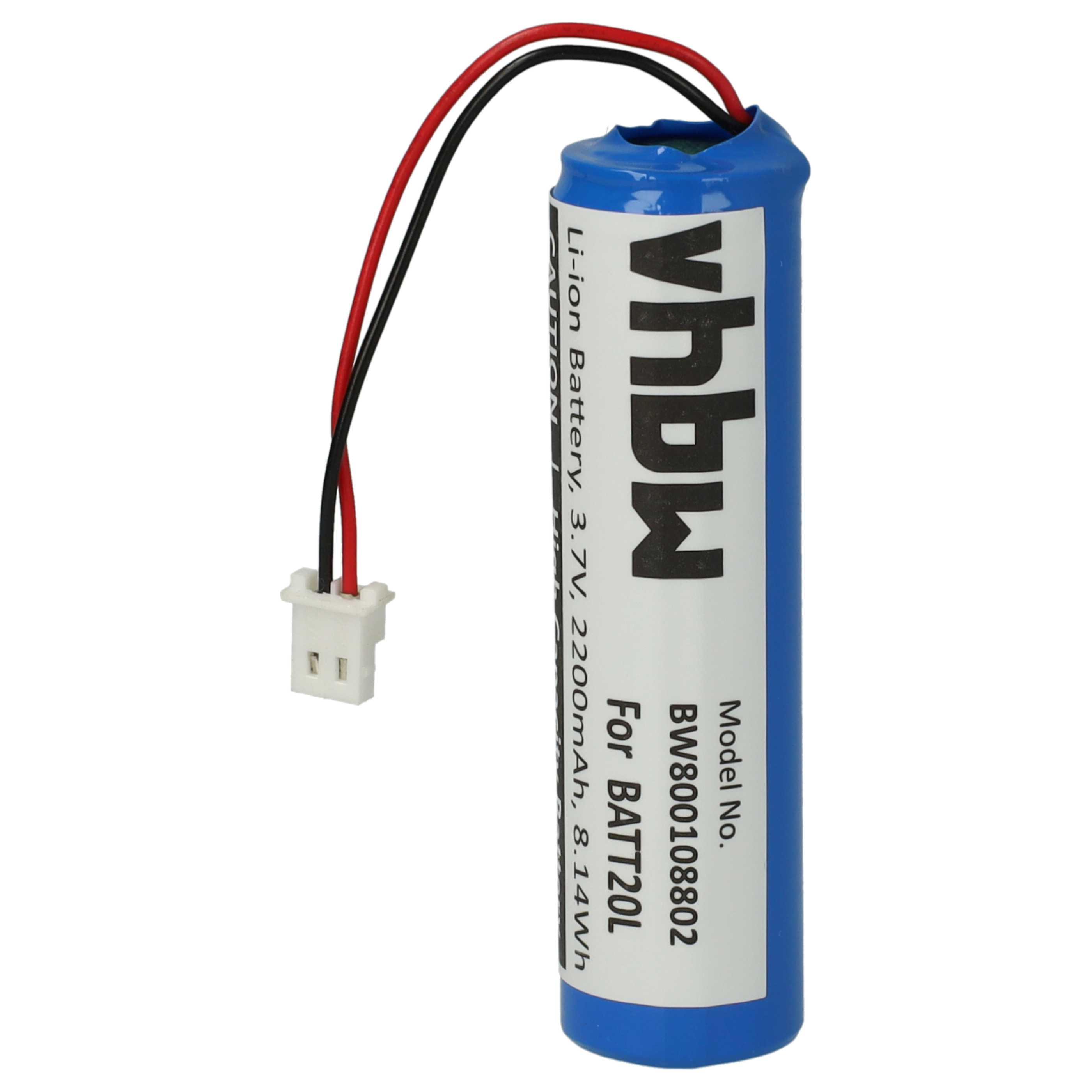 Eine blaue und weiße Batterie mit roten und schwarzen Drähten und einem weißen Stecker. Text: vhbw, Li-Ionen-Akku, Modell-Nr. BW800108802.