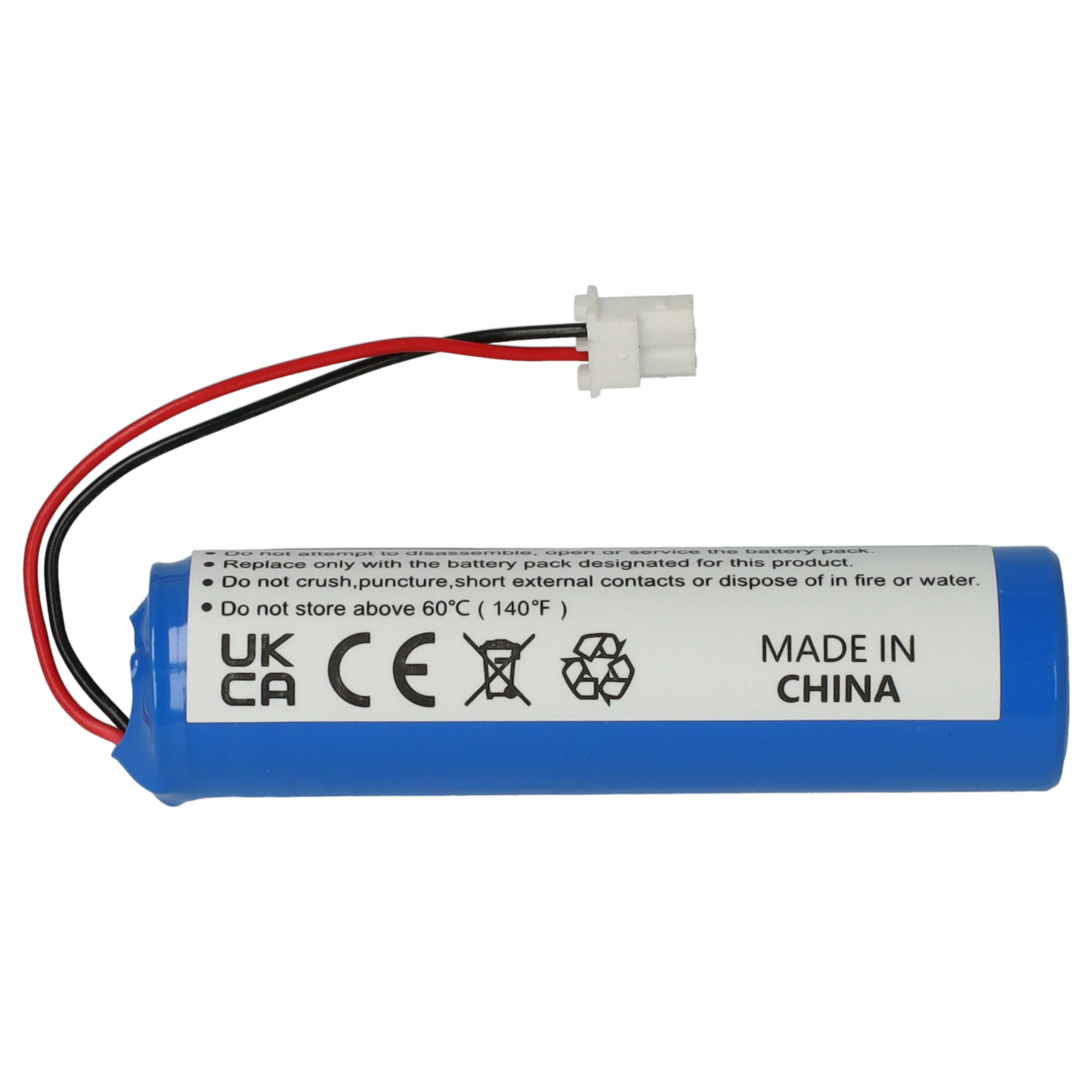 Ein blauer Akku mit schwarzen und roten Drähten, weißem Stecker und weißem Etikett mit Warnhinweisen und Symbolen. Hergestellt in China.