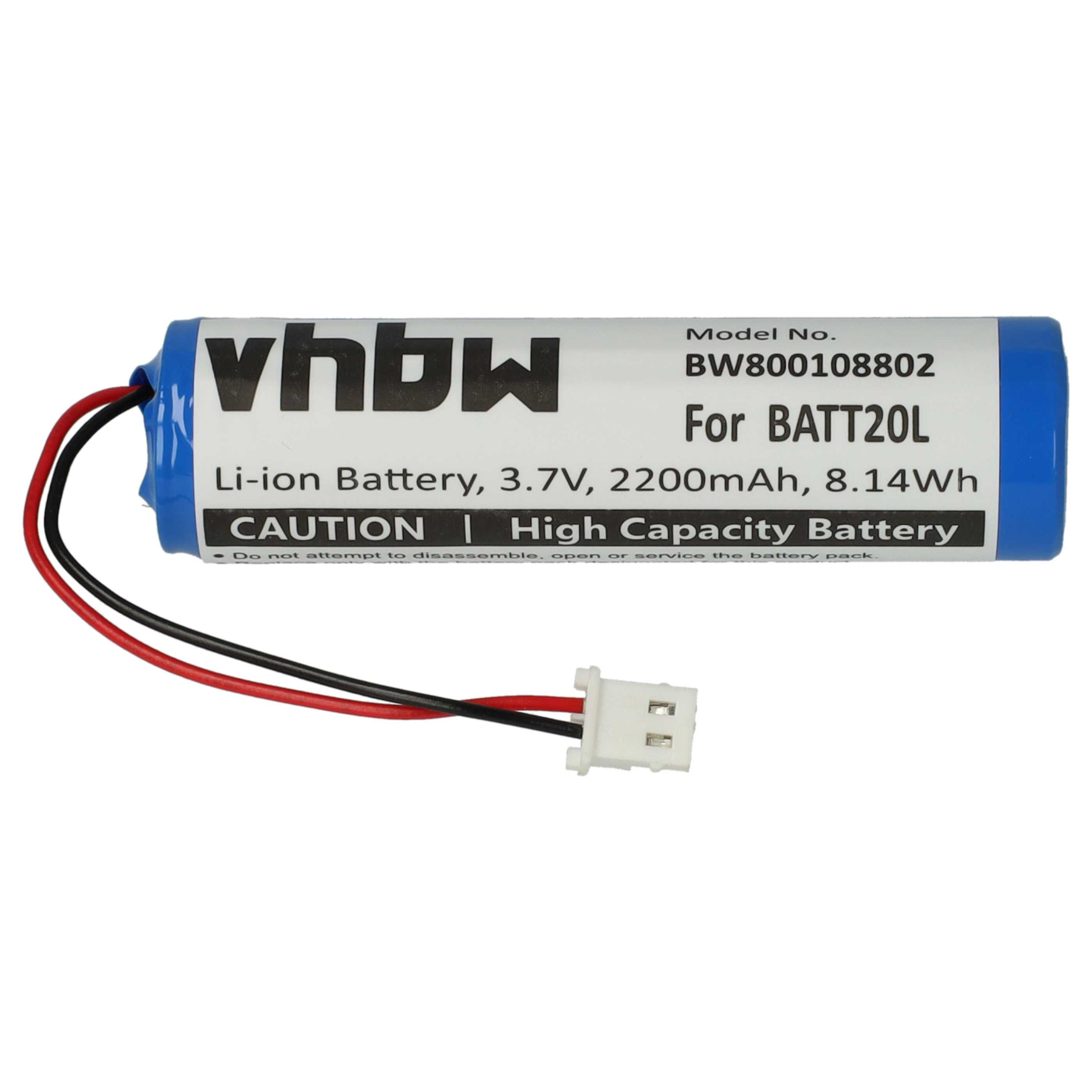 Ein blau-weißer Akku mit schwarzen und roten Drähten und einem weißen Stecker. Text: vhbw, Li-Ionen-Akku, 3,7 V, 2200 mAh.