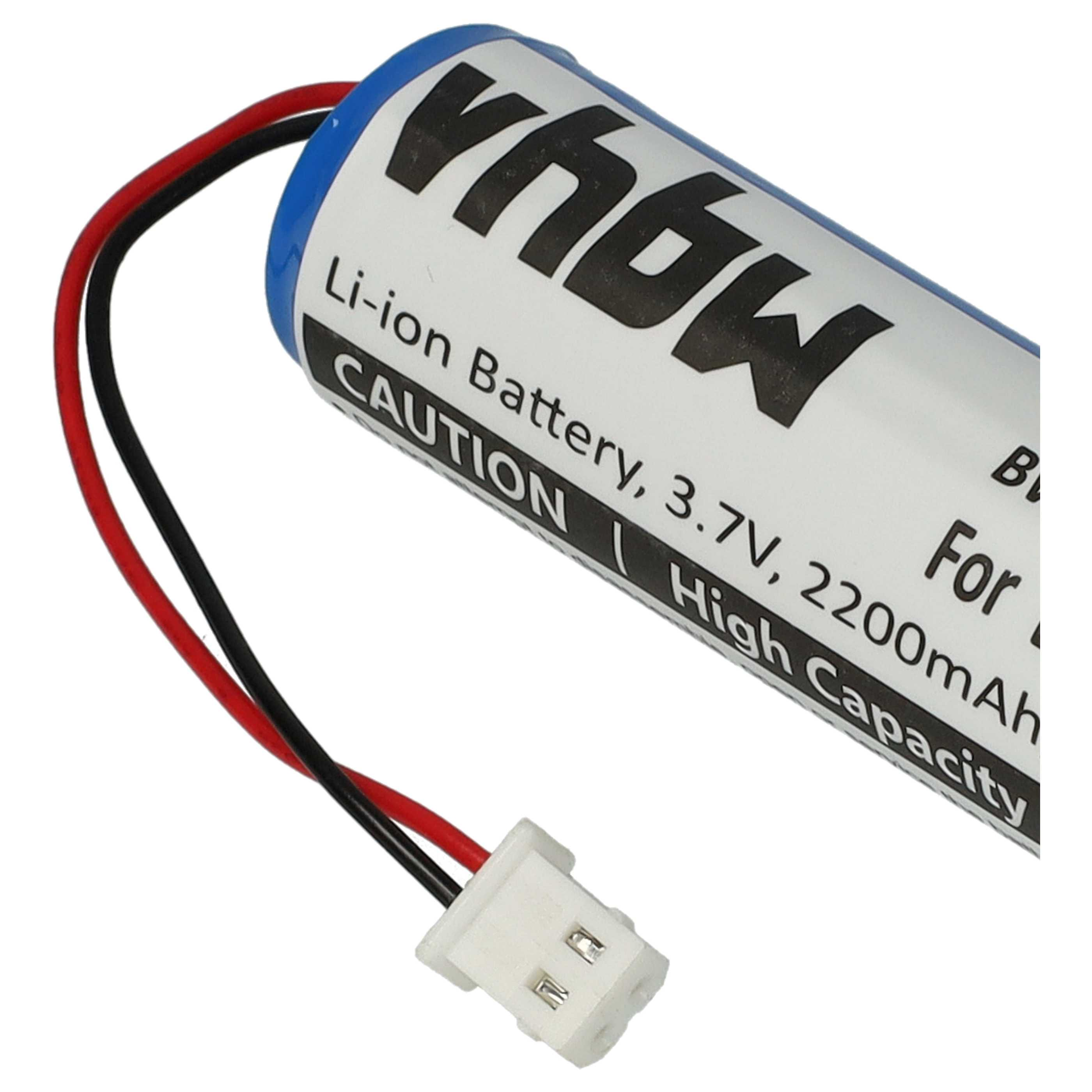 Eine zylindrische Li-Ionen-Batterie mit roten und schwarzen Drähten und einem weißen Stecker. Text: 'Li-ion Battery, 3.7V, 2200mAh'.