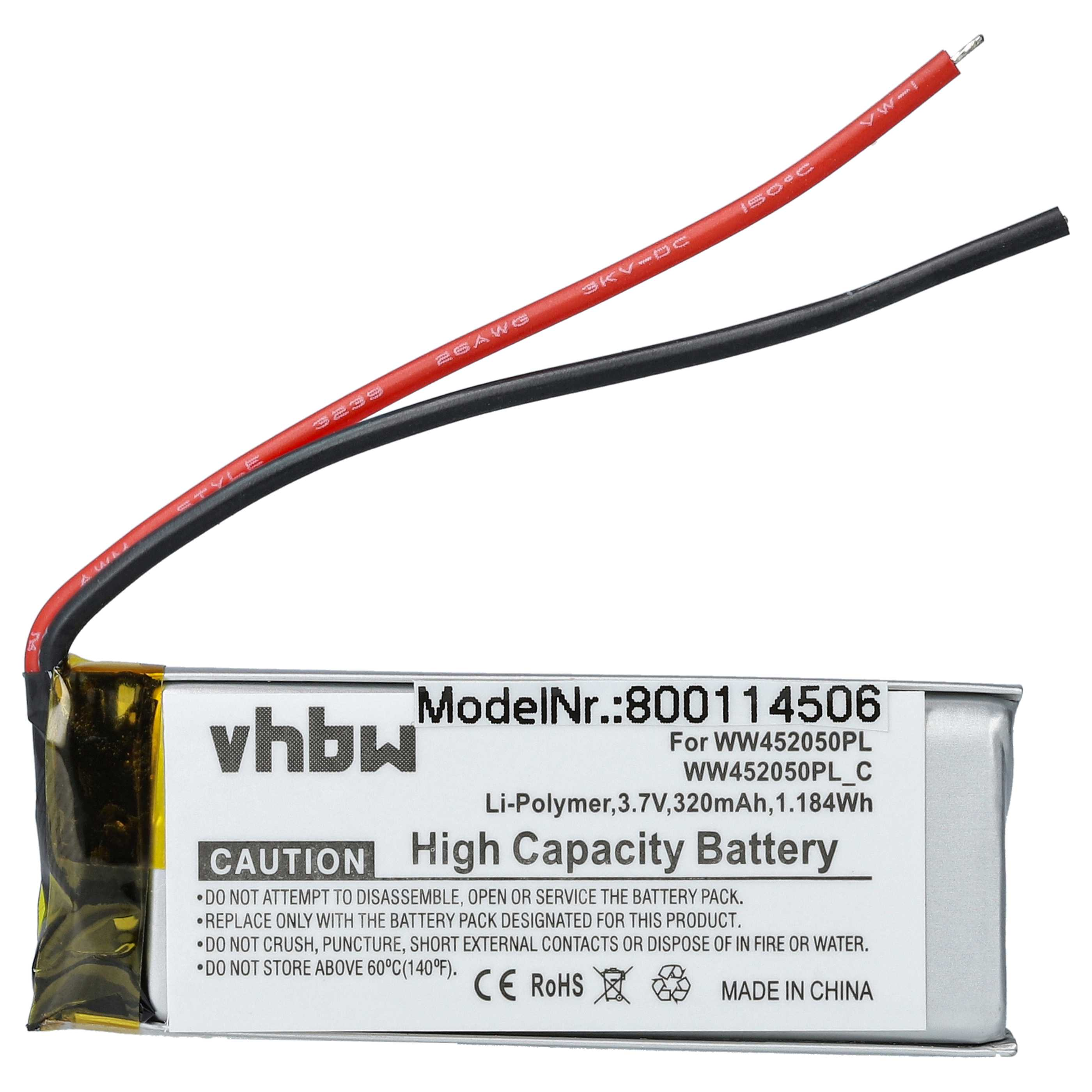 Ein Akku mit roten und schwarzen Drähten. Auf dem Akku steht 'High Capacity Battery' und 'Made in China'.
