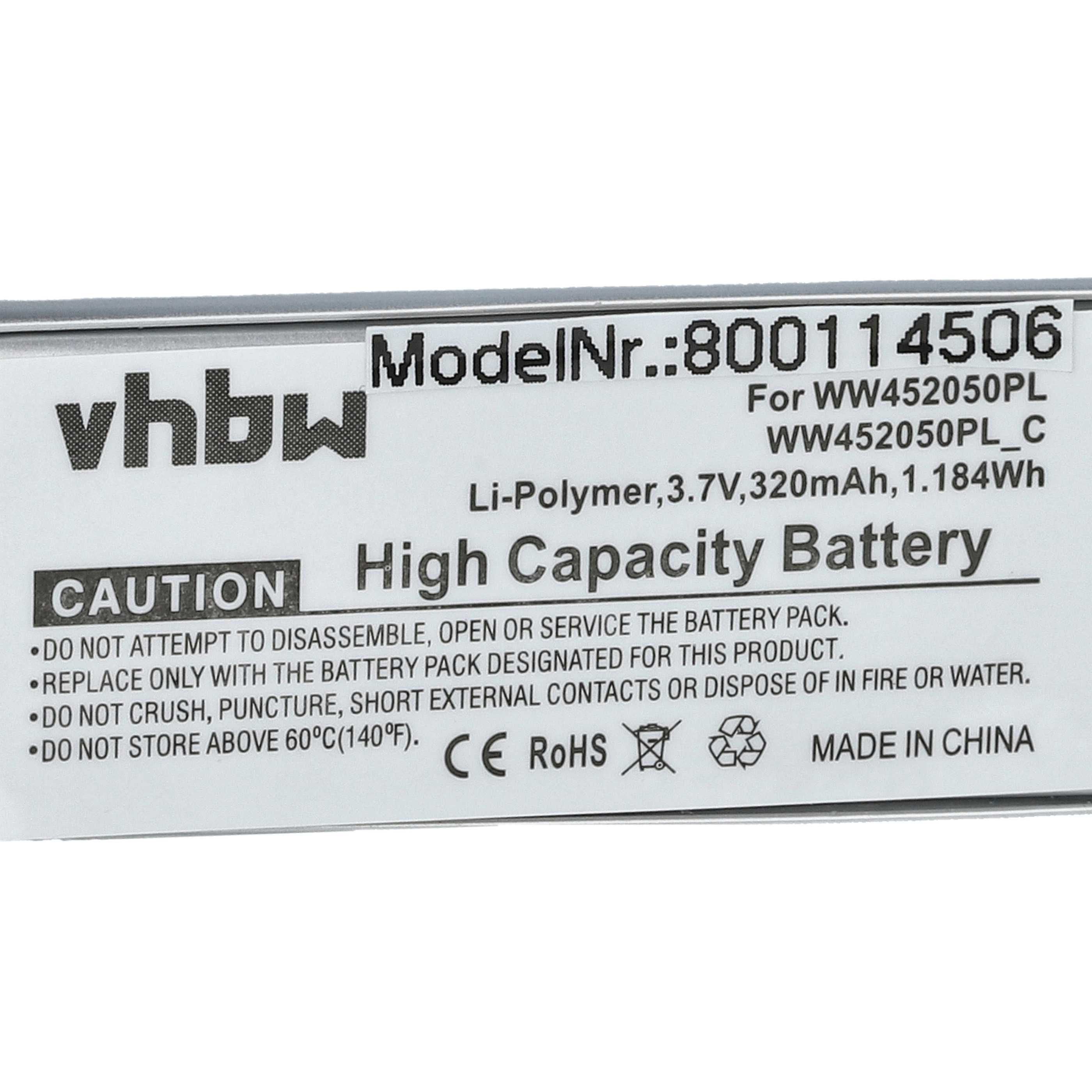 Ein weißes Etikett mit vhbw, Modellnummer, Batterieangaben und Warnhinweisen. Hergestellt in China. RoHS- und CE-Symbole sind vorhanden.