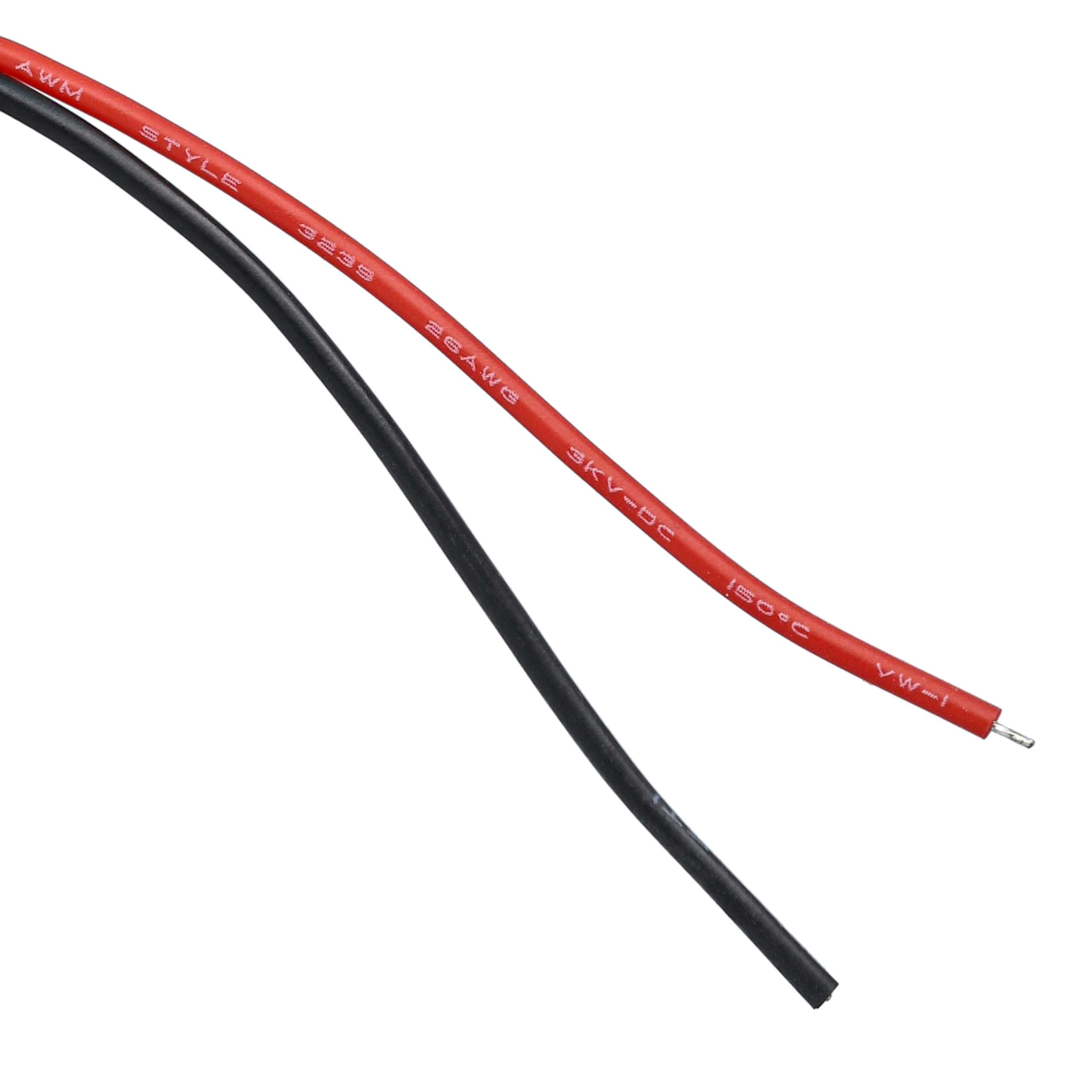 Zwei Elektrokabel; eines schwarz und eines rot mit weißem Text. Das rote Kabel hat Text mit 26AWG, 3KV-DC und 150°C.