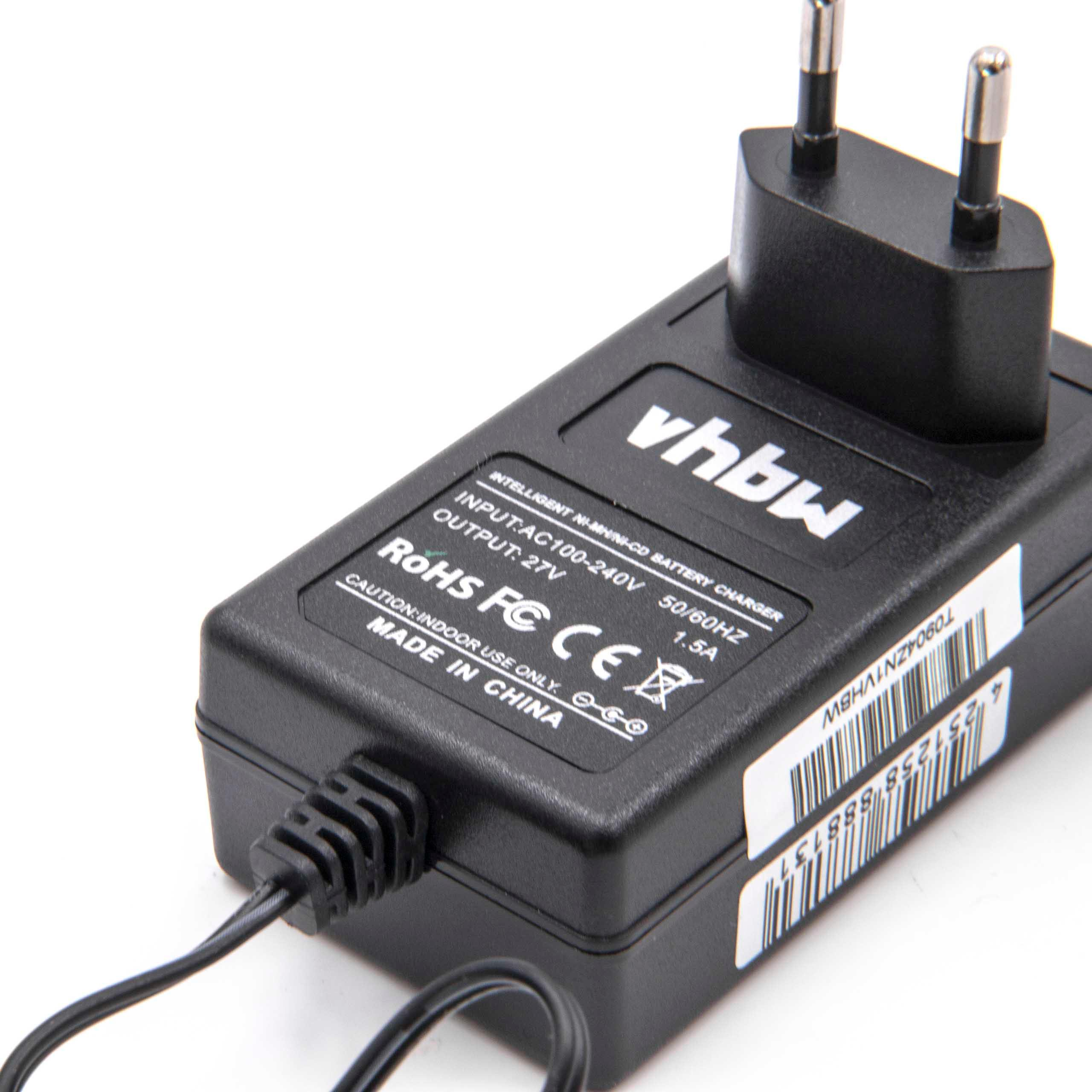 Ein schwarzes vhbw-Batterieladegerät mit Stecker. Es enthält Textdetails wie Spannung und Strom. Hergestellt in China.
