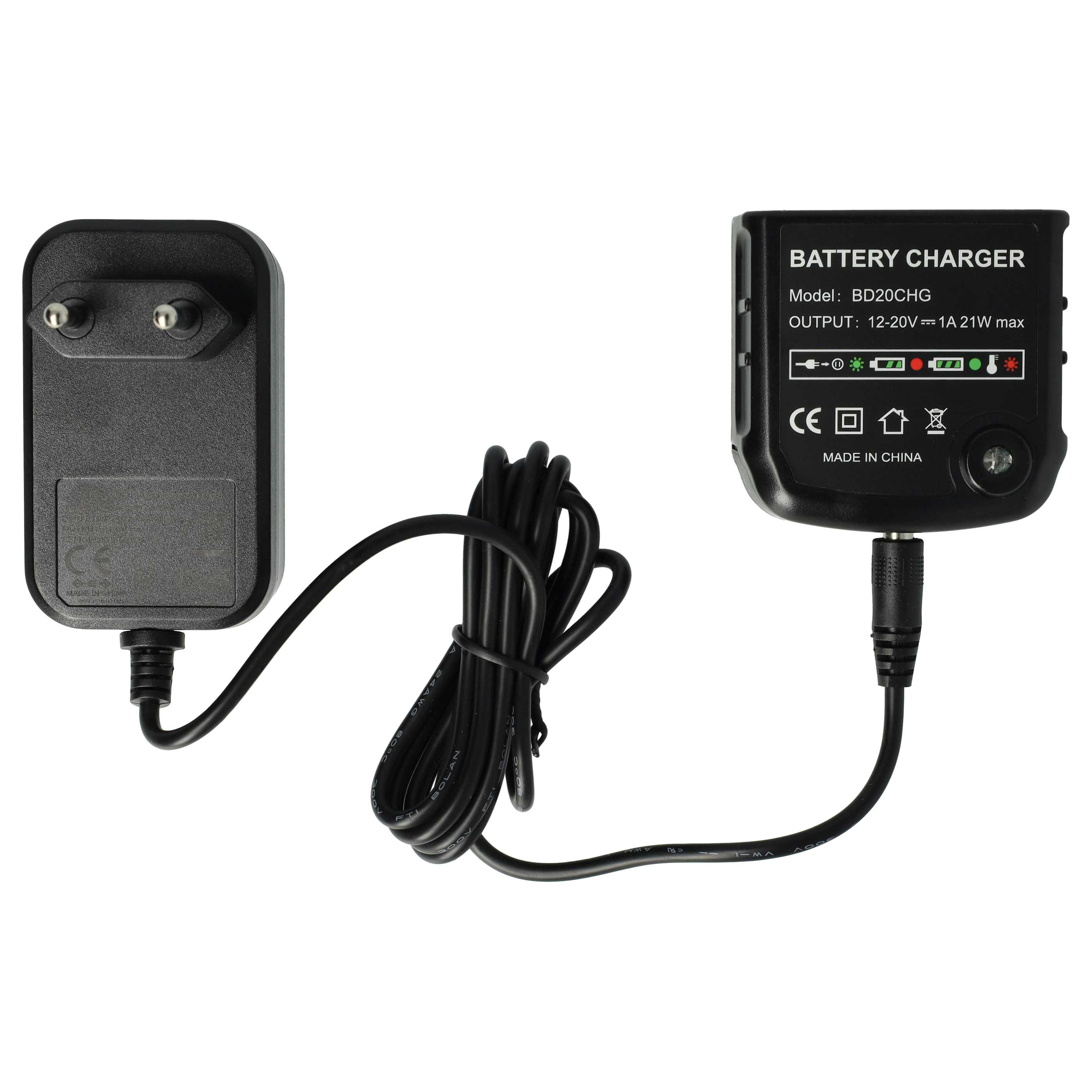 Ein schwarzes Batterieladegerät und Adapter mit schwarzem Kabel. Informationen zum Ladegerät umfassen Modell, Leistung und CE-Kennzeichnungen.