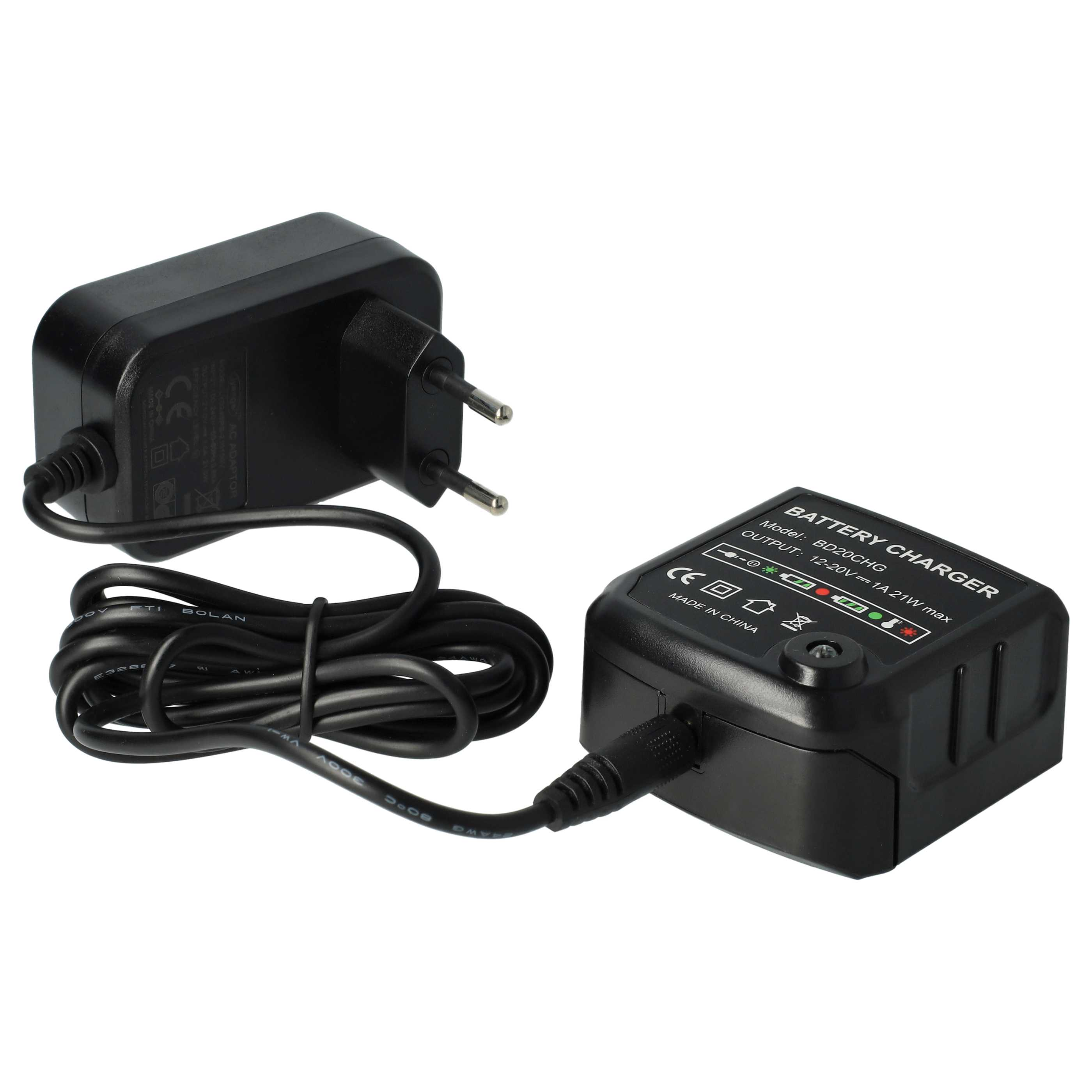 Ein schwarzes Batterieladegerät und ein Netzteil mit schwarzem Kabel werden auf weißem Hintergrund gezeigt. Das Ladegerät hat eine Statusanzeige.
