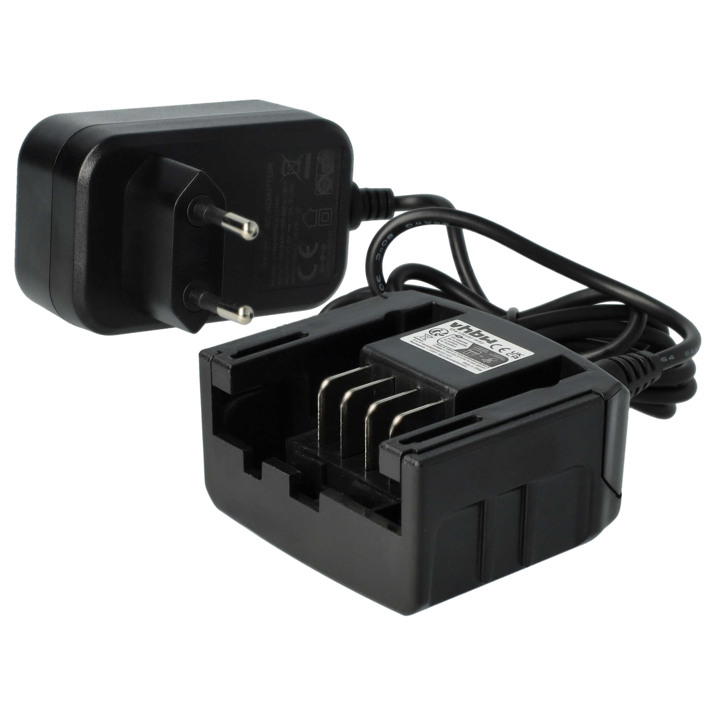 Schwarzes Netzteil und Ladegerät. Der Adapter hat einen Stecker und das Ladegerät Metallkontakte. Beide auf weißem Grund.
