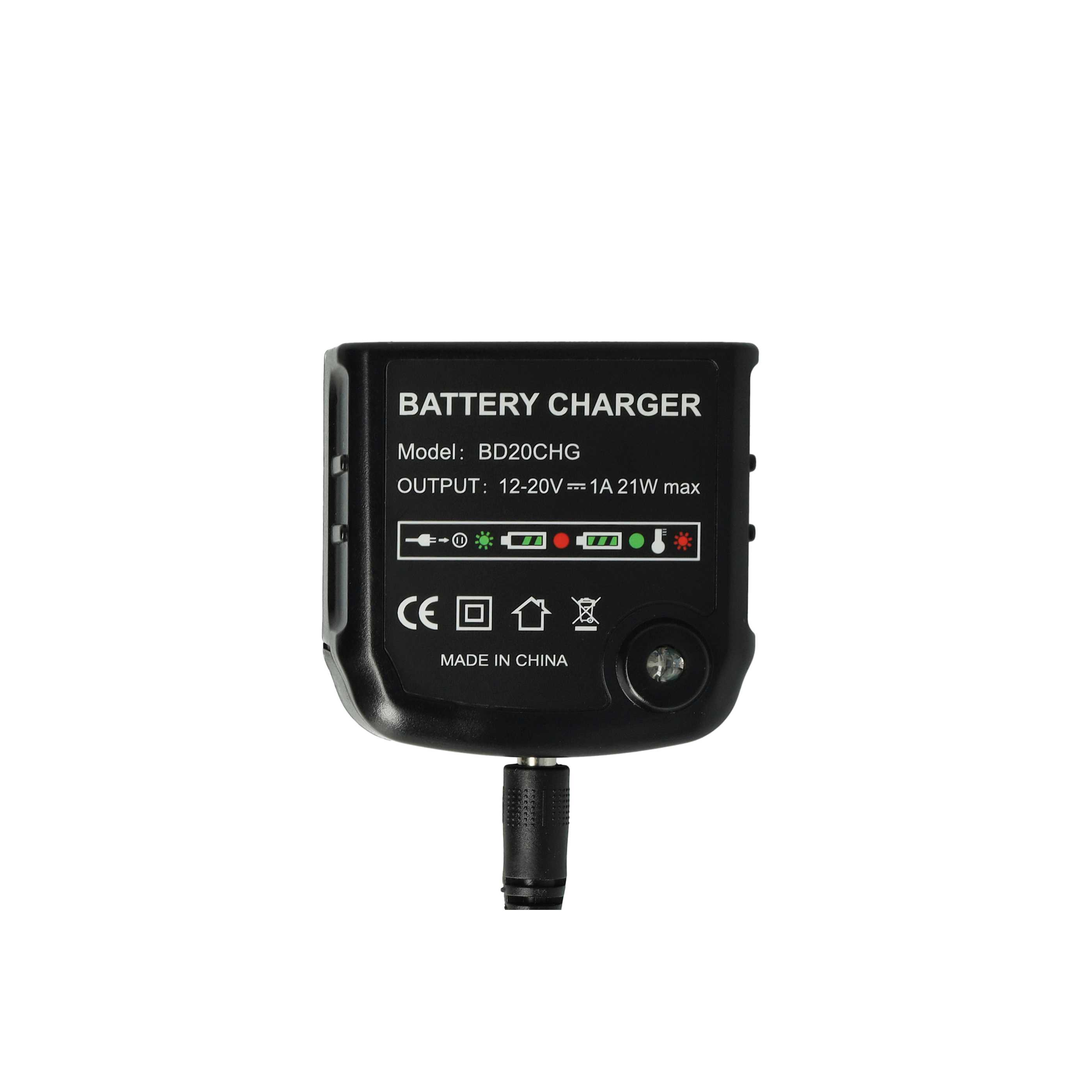 Ein schwarzes Batterieladegerät mit der Aufschrift 'BATTERY CHARGER', 'MADE IN CHINA' und anderen Spezifikationen.