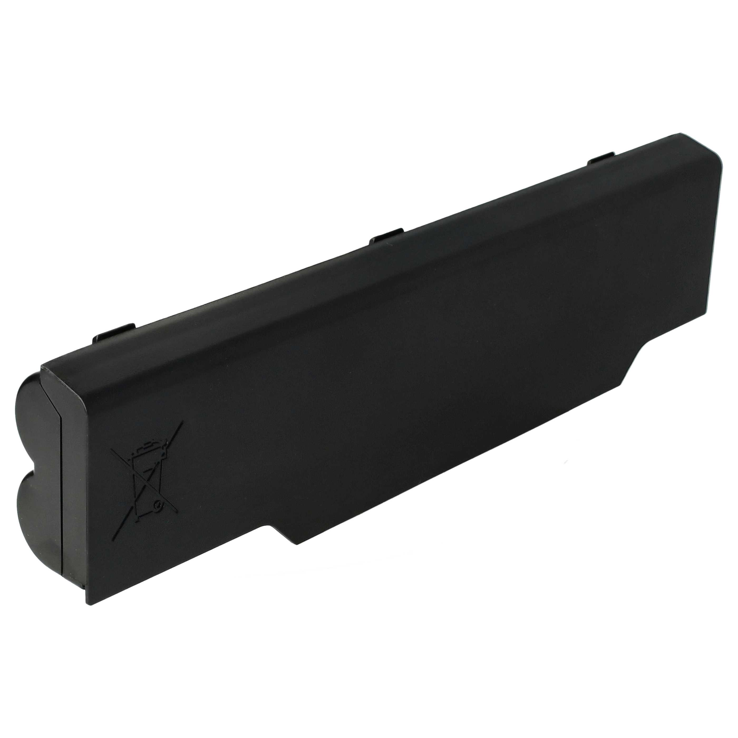 Ein schwarzer Laptop-Akku mit einem Recycling-Symbol. Es ist auf weißem Hintergrund.