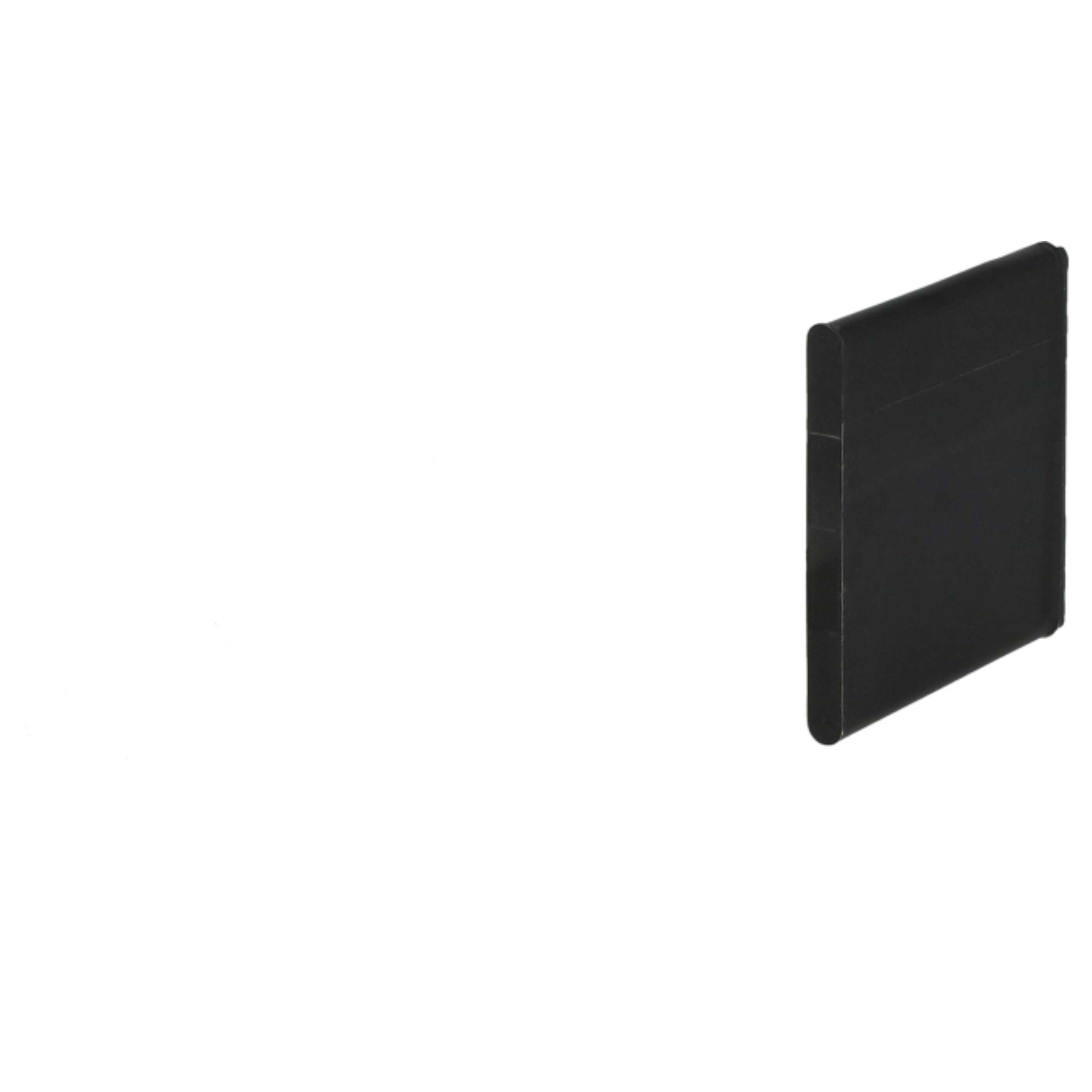 Ein schwarzes, rechteckiges Objekt vor weißem Hintergrund. Es ist eine feste, geometrische Form. Das Objekt ist am rechten Rand.