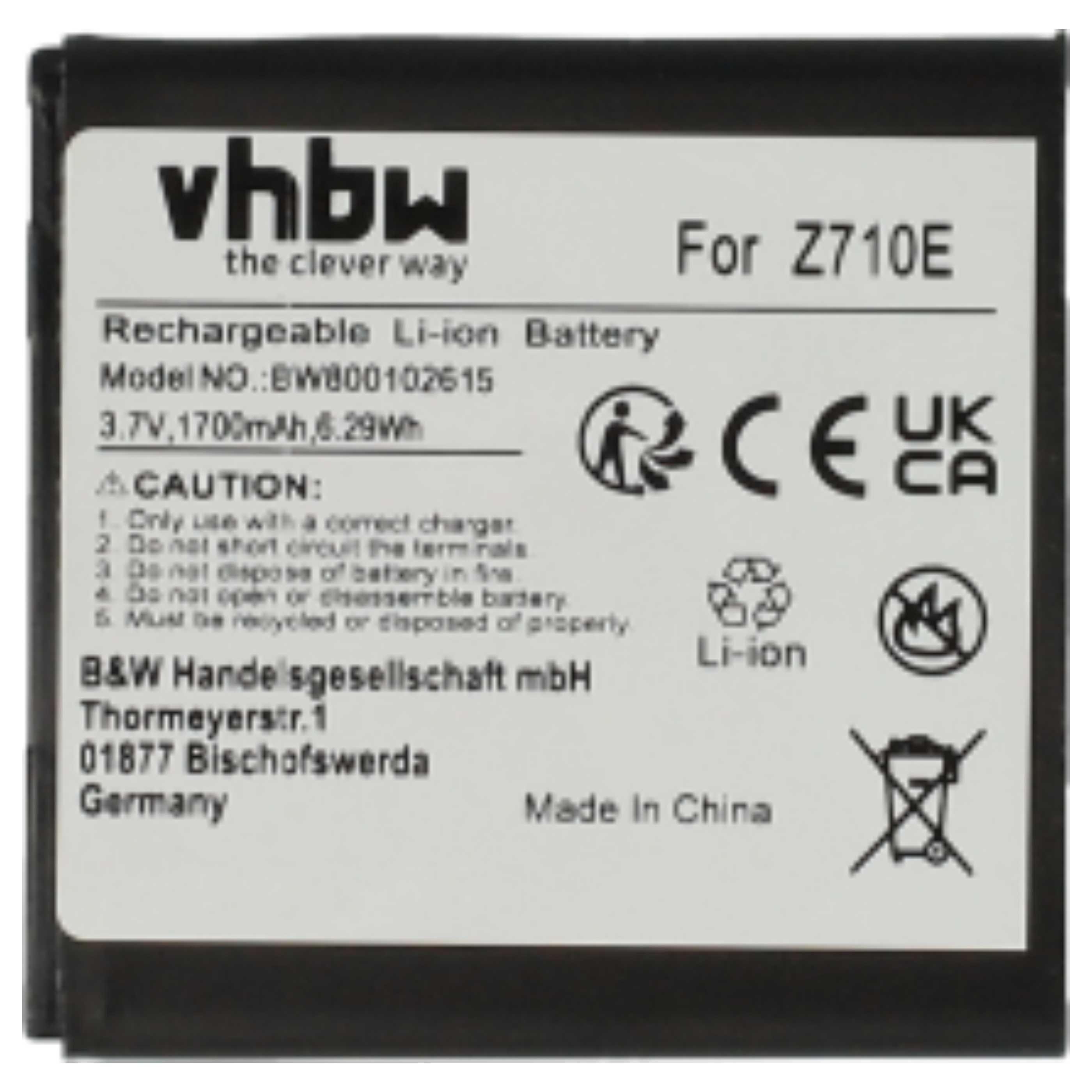Auf dem Batterielabel stehen die Marke 'vhbw', 'For Z710E', Warnhinweise und technische Details. Es ist ein Li-Ionen-Akku.